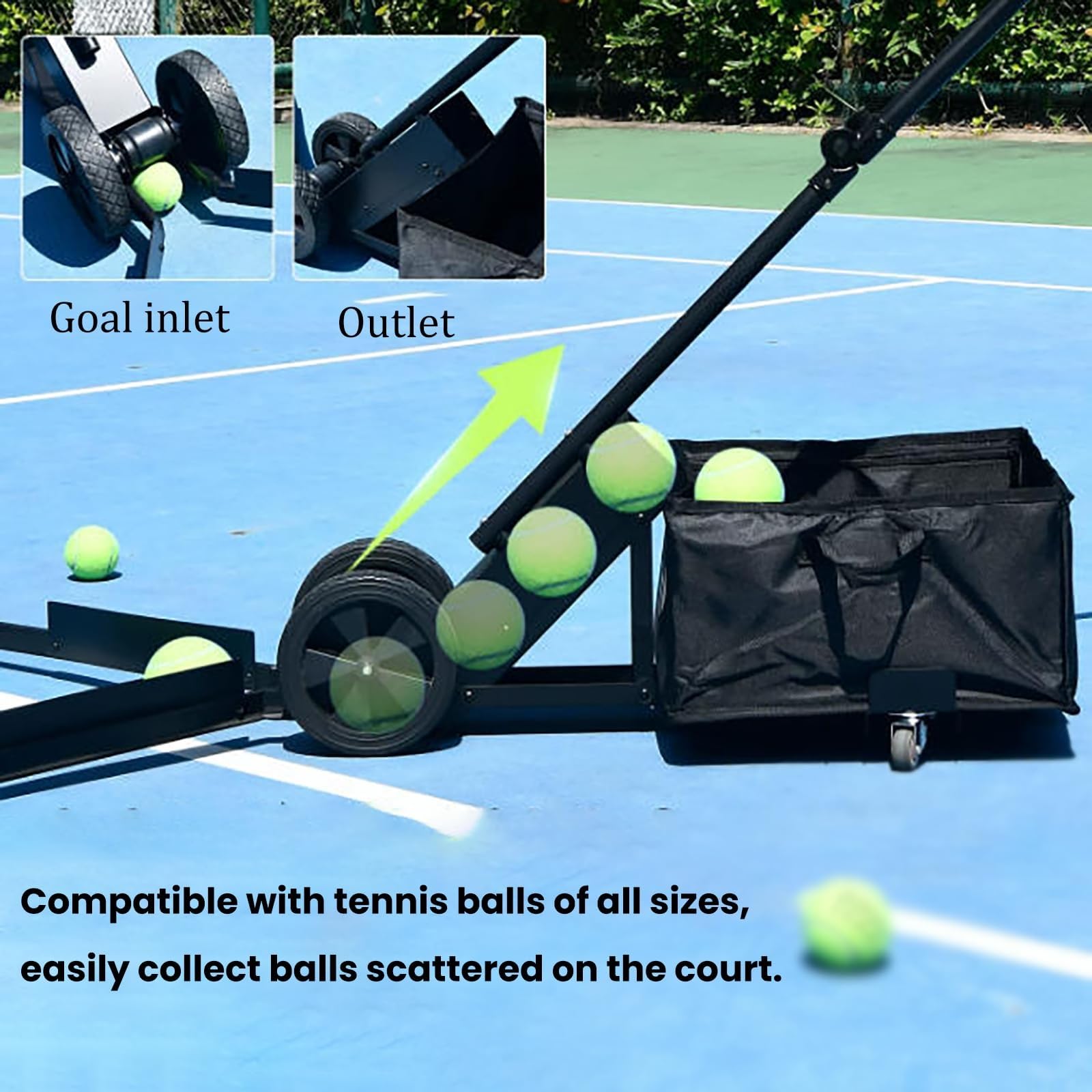 Tramogge for Palline da Tennis Carrello Raccoglitore di Palline da Tennis, Contiene 120 Palline, Supporto for Palline da Pickleball, Maniglia Pieghevole, Ruote girevoli Lisce, Borsa for Palline