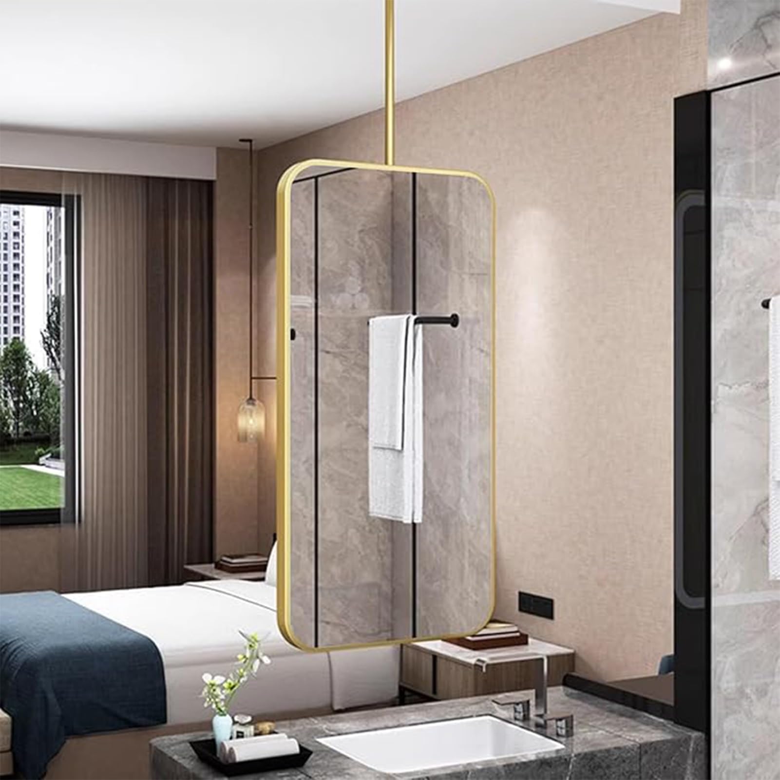 Specchio sospeso a soffitto, specchio da bagno con cornice in metallo nero per parete, specchi quadrati da soffitto, specchi rettangolari da appendere per decorazione da parete
