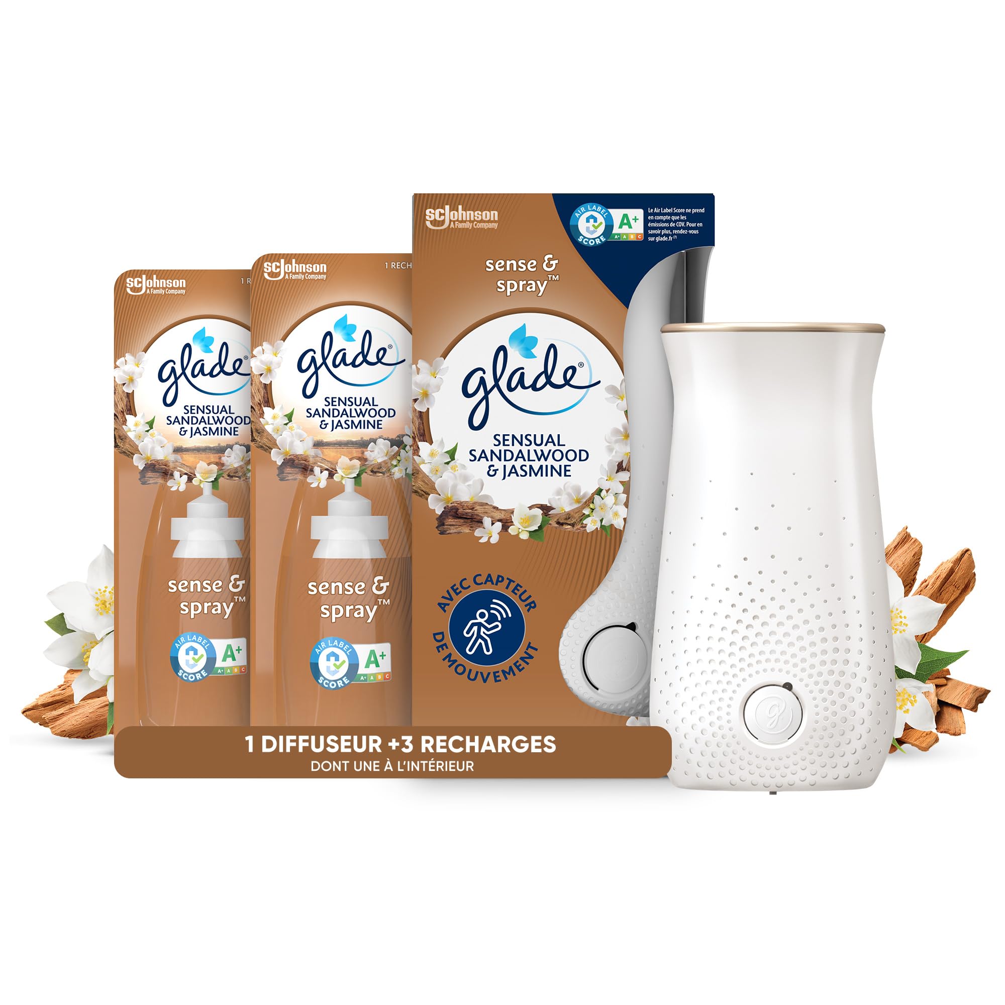 Glade Sense et Spray Diffuseur à Détection de Mouvement - Infusé Aux Huiles Essentielles - Jusqu'à 2 Mois de Parfum – Sans Parabens - Sensual Sandalwood & Jasmine - 1 Diffuseur et 3 Recharges x 18ml