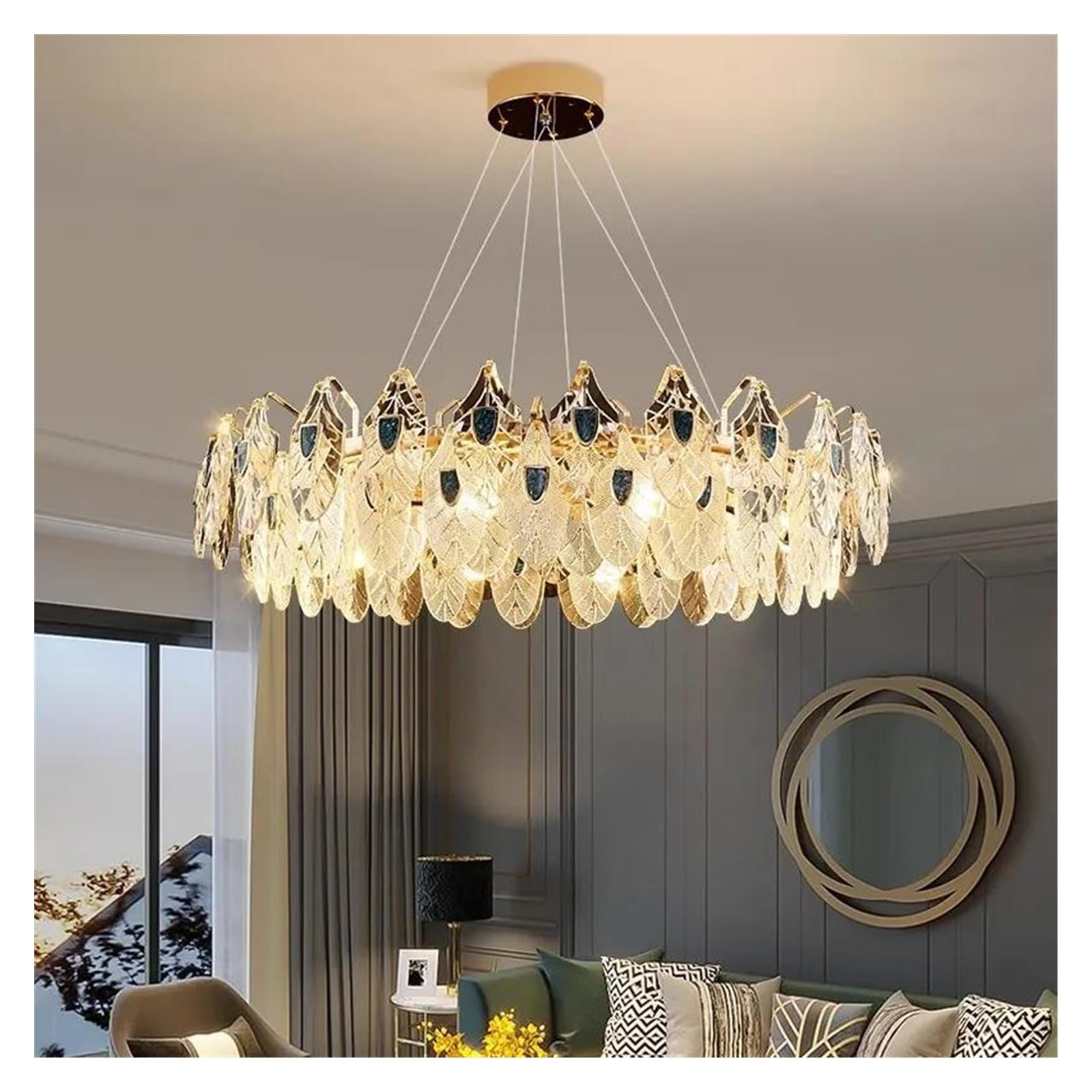 Générique Lustre rond en cristal doré forme de feuille laurier, luminaire décoratif brillant for chambre à coucher, salon, salle manger ou villa(Warm White,AD80CM)