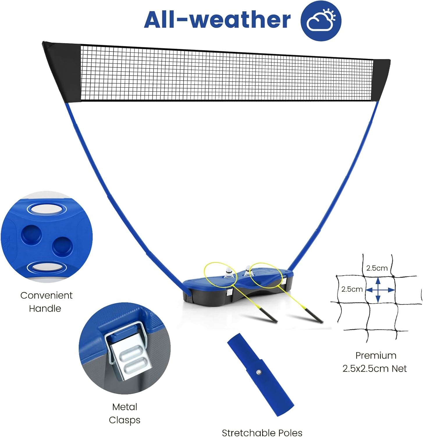 Tragbares Badminton-Set, Faltbares Badmintonnetz | Mit Freistehendem Ständer, 2 Badmintonschlägern, 2 Federbällen, Für Indoor- Und Outdoor-Spiele Blue 270 X 33.5 X 160 cm