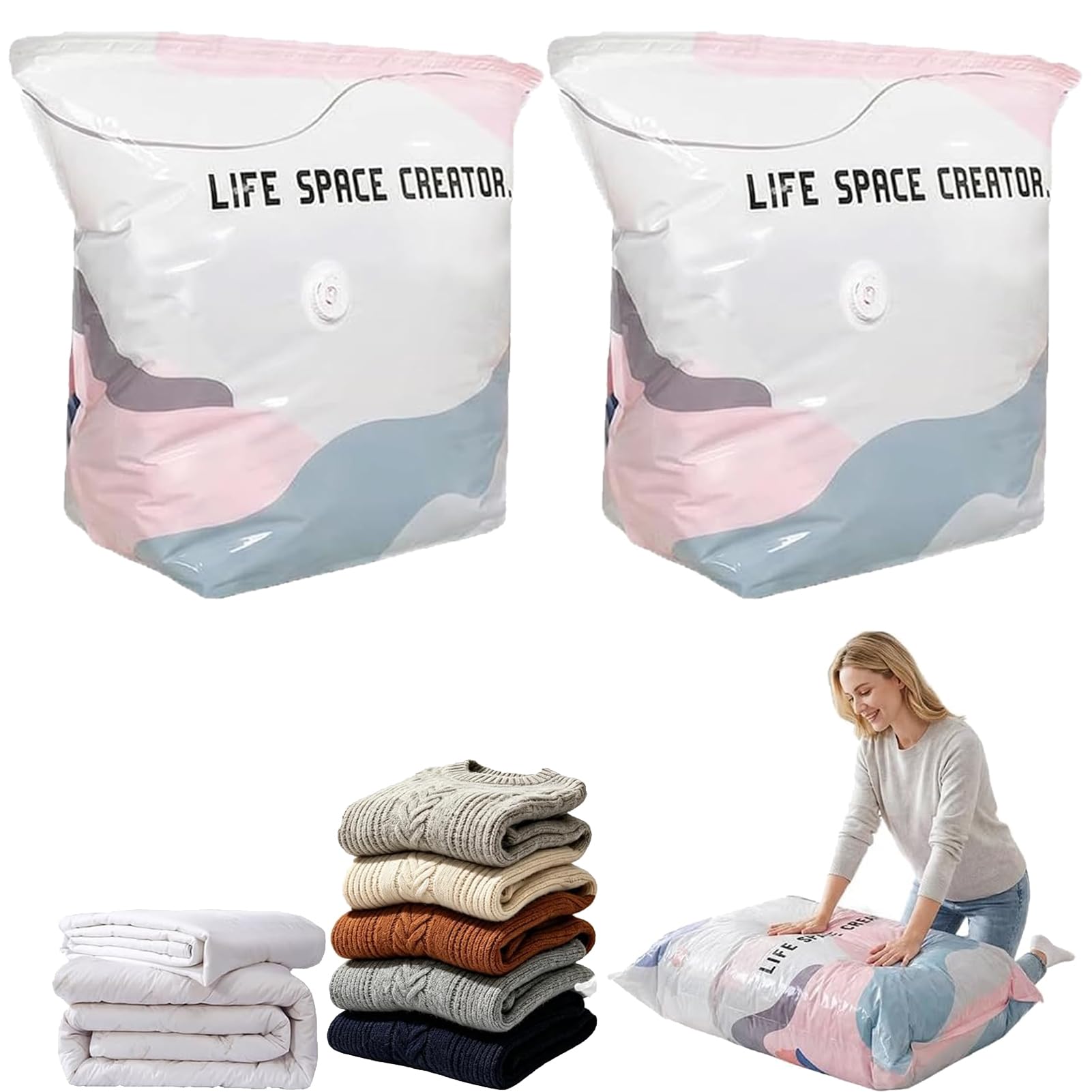 Vacuum Storage Bags No Pump, 3D Compression Bags – Roll Up Airtight Storage Bags for Clothes, Duvets, Bedding & Travel, Reusable Space Saver Compression Bags, Wardrobe & Suitcase Organiser (2*M)