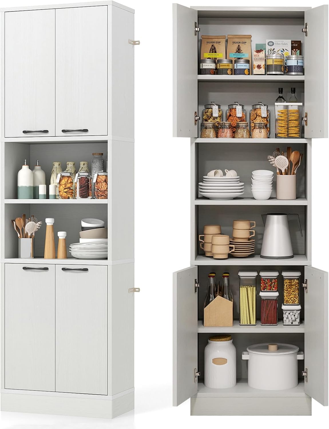 POWERSTONE Wood Kitchen Pantry Cabinet, 75" Tall Bathroom Storage Cupboard with 4 Doors & Shelves, Slim Freestanding Utility Hutch for Dining Room, Living Room, Bathroom Light Oak