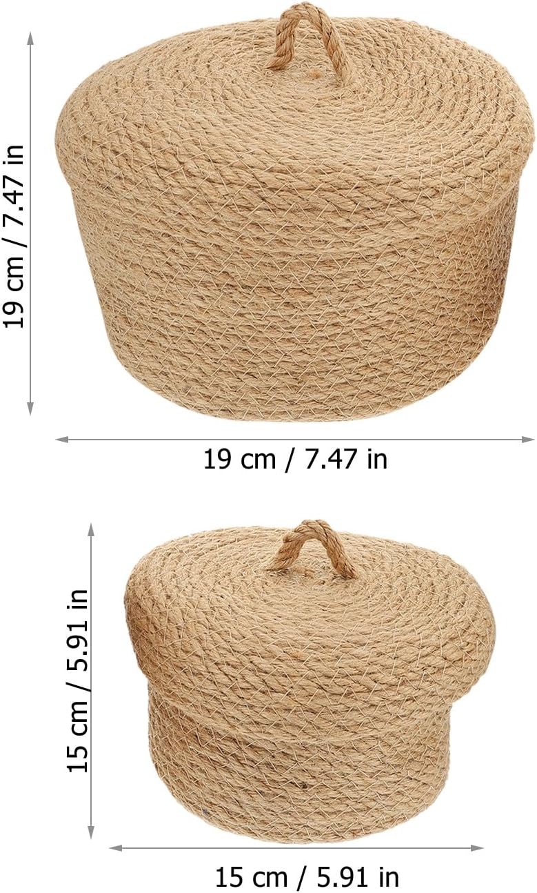 HOMSFOU Jute Sundries Storage Baskets with Lids, Medium and Small round Desktop Storage Containers for Home Organization, 2pcs Khaki Set