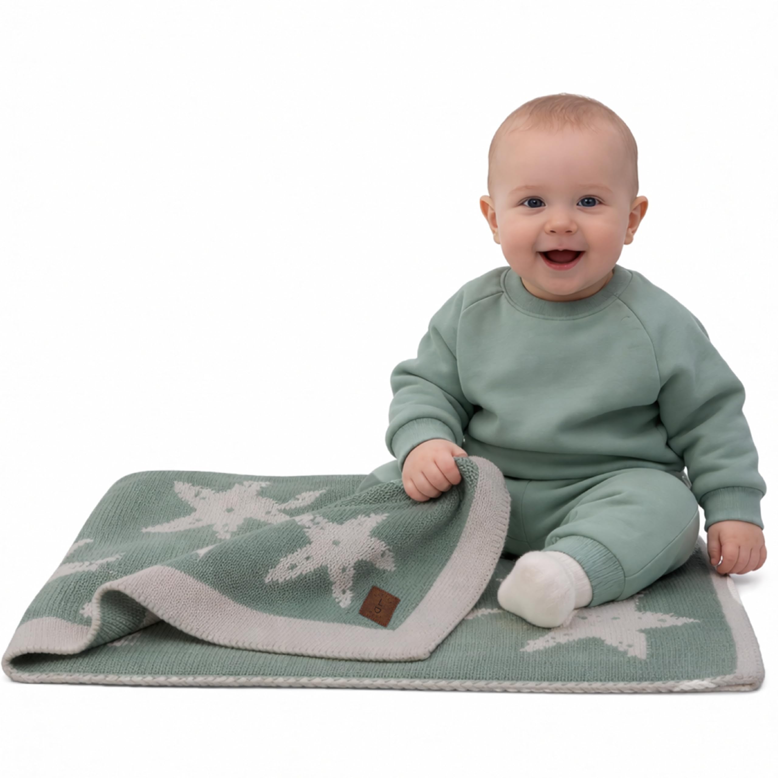 Little Dedi Seesterne Babydecke 80x100 cm – Weiche, beidseitig verwendbare Acryl-Strickdecke mit Schleife – Oeko-TEX Zertifiziert – Grün