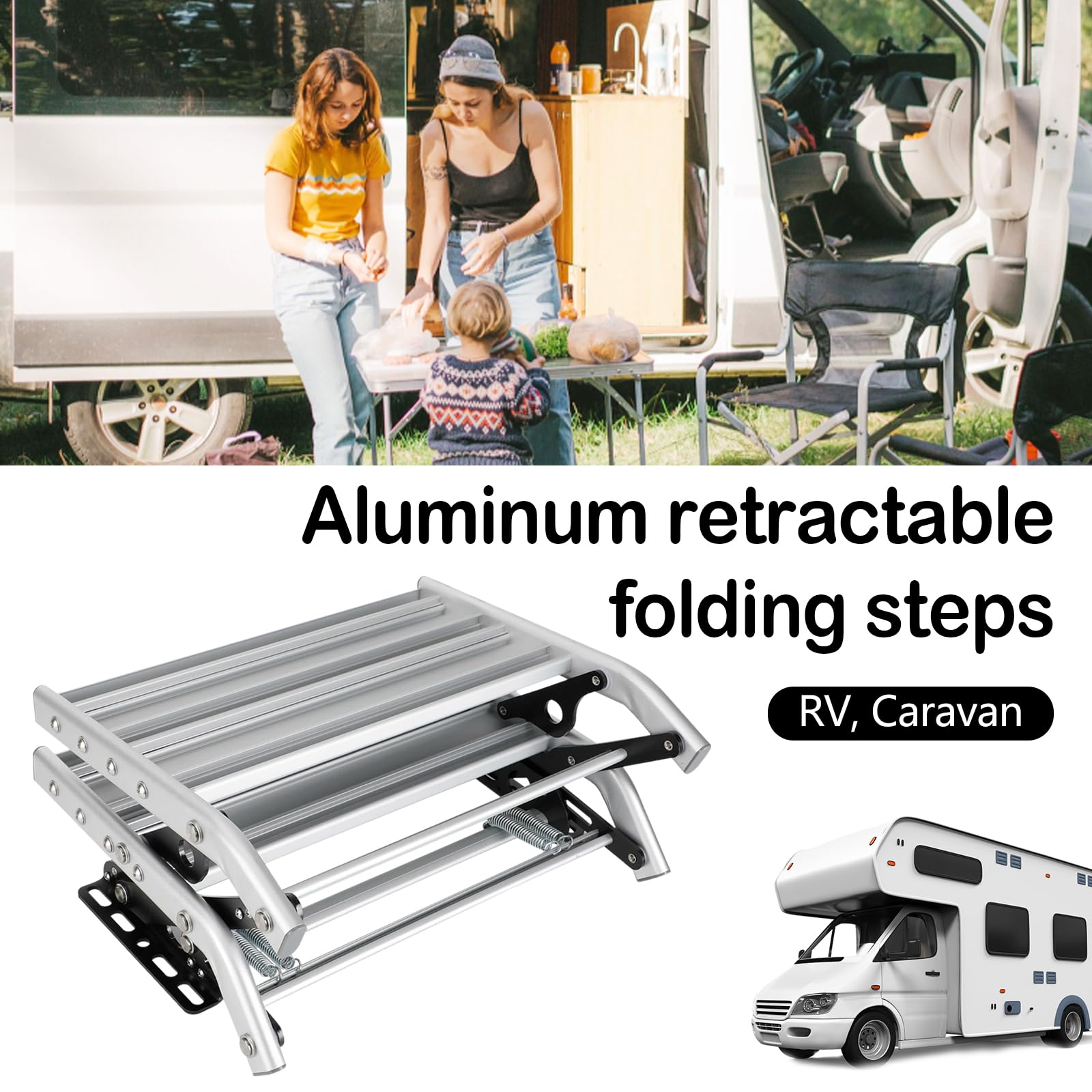 Escalón De Dos Escalones para Autocaravana, Escalera Plegable Manual De Aleación De Aluminio De Un Solo Escalón Pedal Telescópico Extensible Antideslizante para Autocaravana Remolque De Viaje