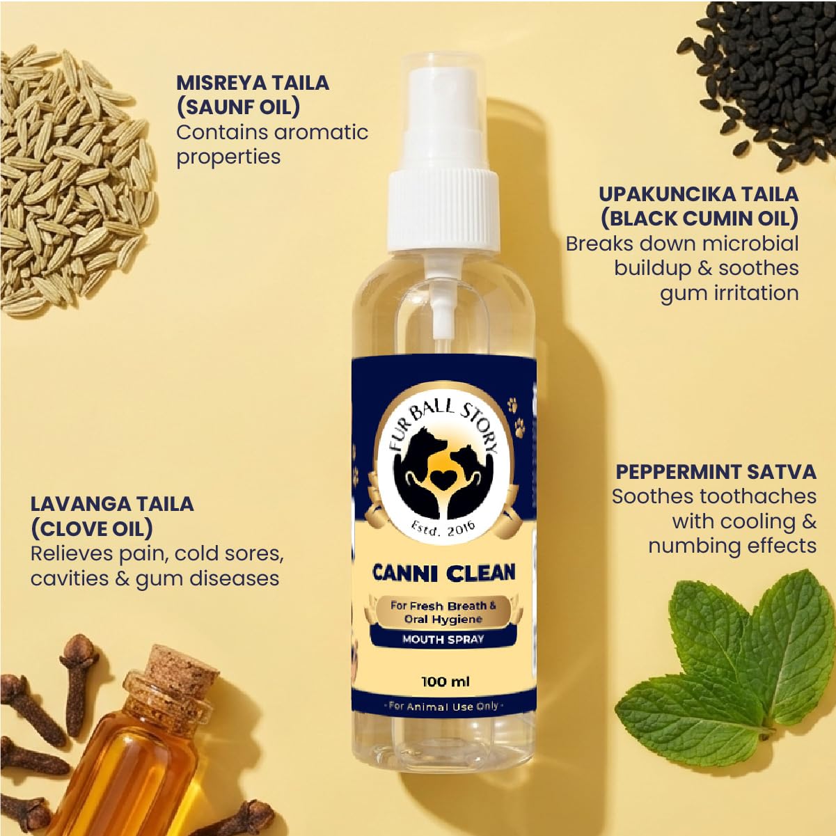 FUR BALL STORY Canni Clean Oral Care Spray for Dogs| Pet Dental Spray for Fresh Breath, Plaque & Tartar Removal | Supports Gum Health & Teeth Cleaning | with Peppermint, Fennel (Saunf) & Clove Oil 3