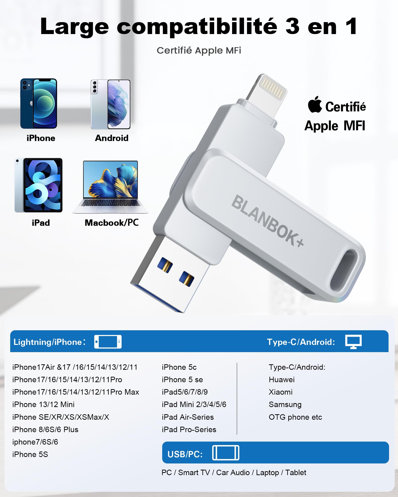 Certifié Apple MFI Clé USB 128Go pour iPhone, Photo Stick Lighting, USB C Stockage Externe, Compatible avec iPhone,iPad Mac Type C et PC