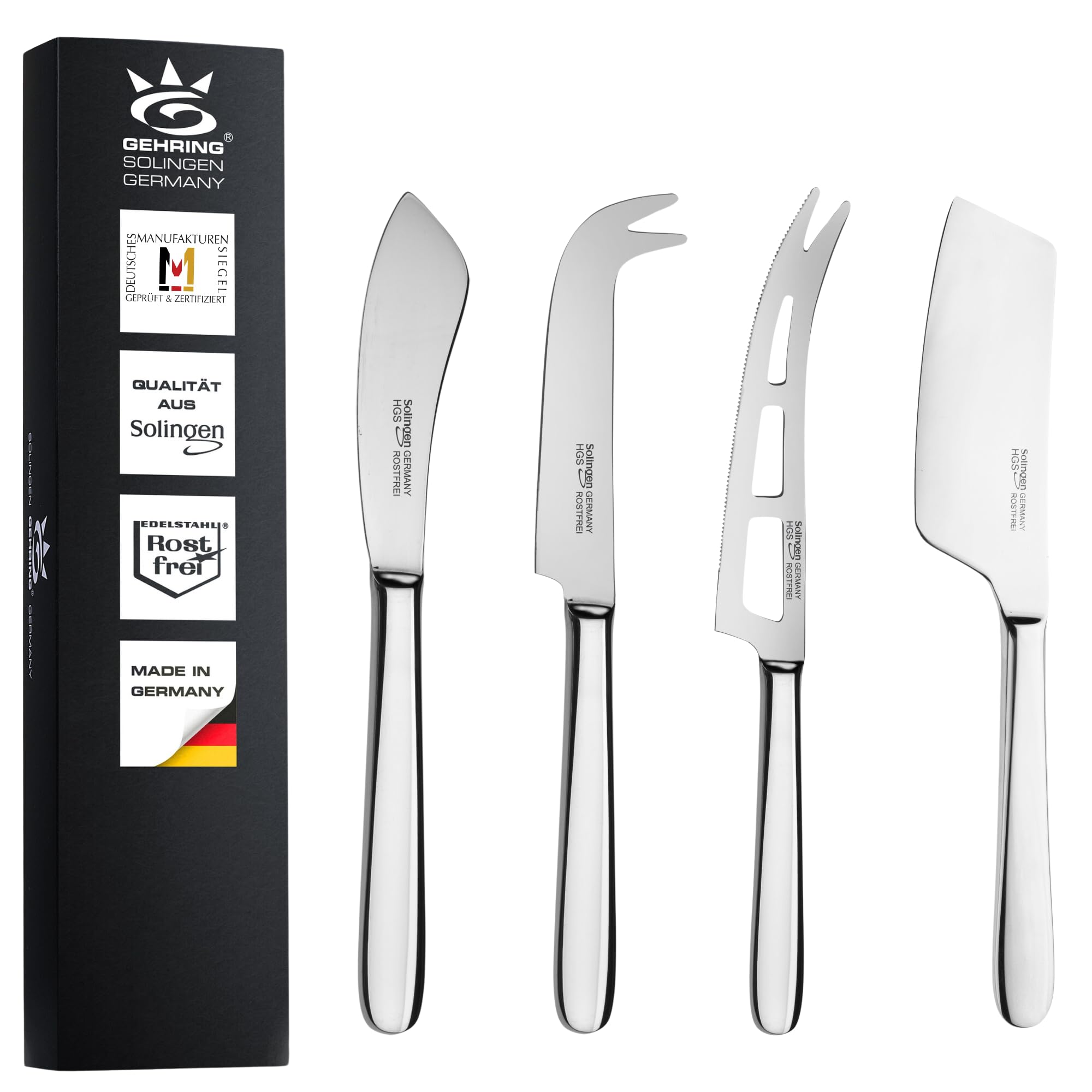 GEHRING| Solingen Käsemesser Set 4tlg. Pur, Käseschneider mit Edelstahlgriff, für Hartkäse, Weichkäse, Streichkäse, mit Käsebeil, Besteck spülmaschinengeeignet I Made in Germany