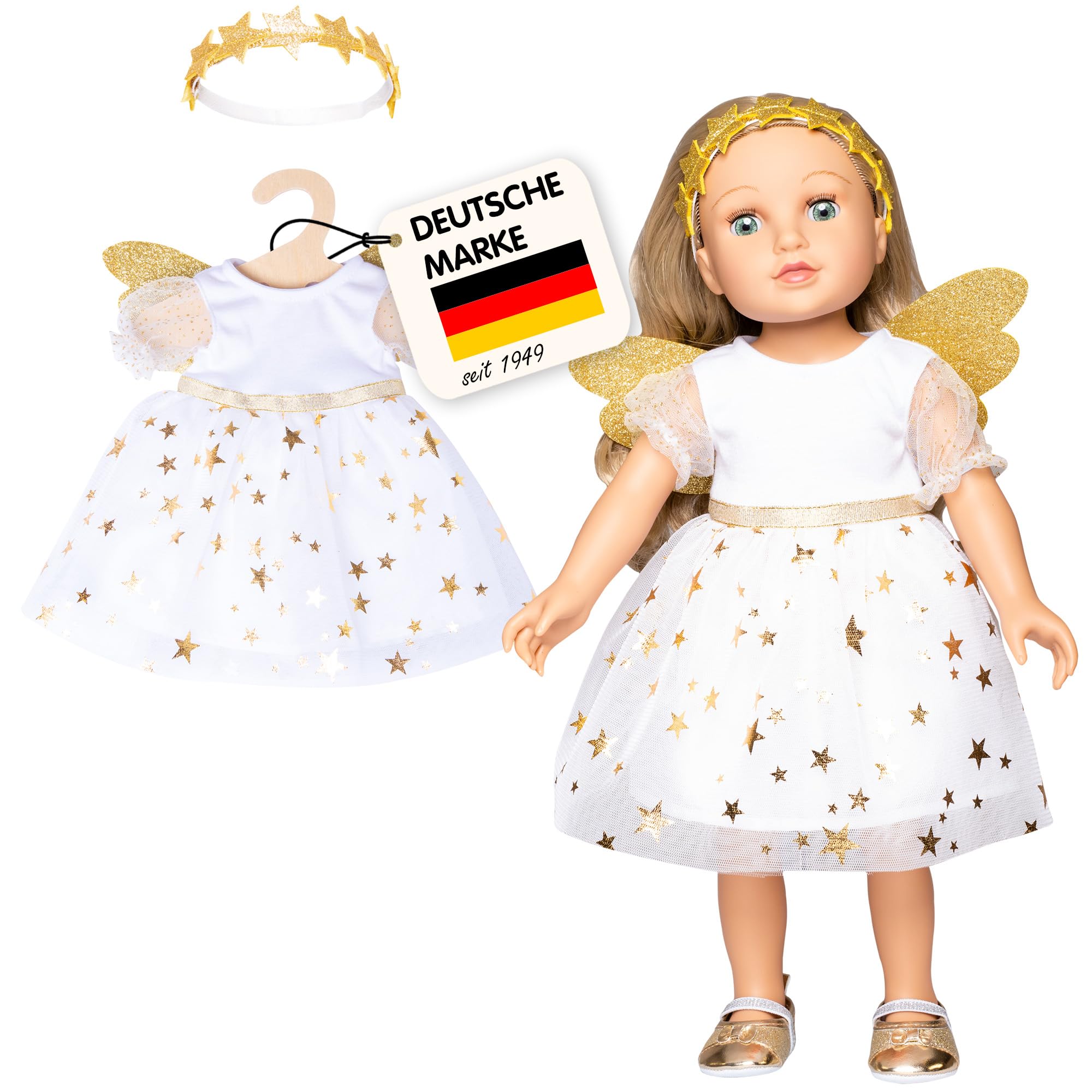 Heless 1152 - Kleid für Puppen im Design Schutzengel, mit goldenen Flügeln und Sternen-Haarband, Größe 28 - 35 cm