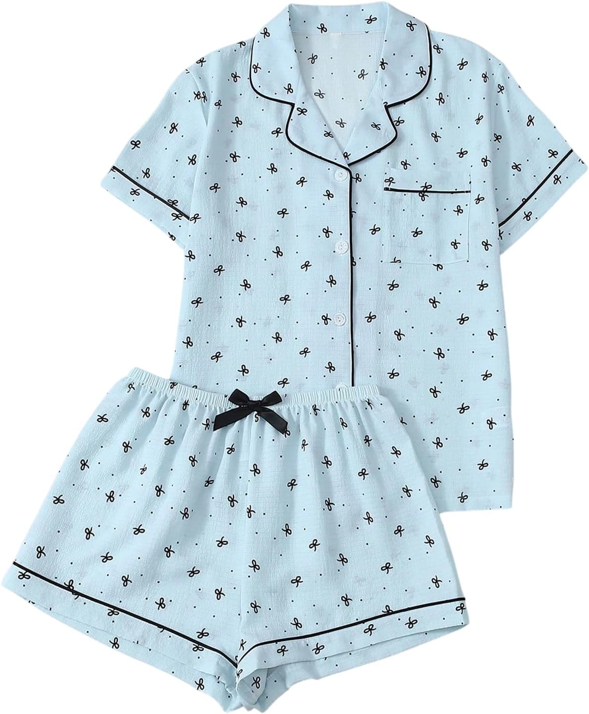 BEAUDRM Women's 2 Piece Plaid Pajama Sets Bow Print Short Sleeve Button Down Shirt and Shorts Lounge Set Pjs