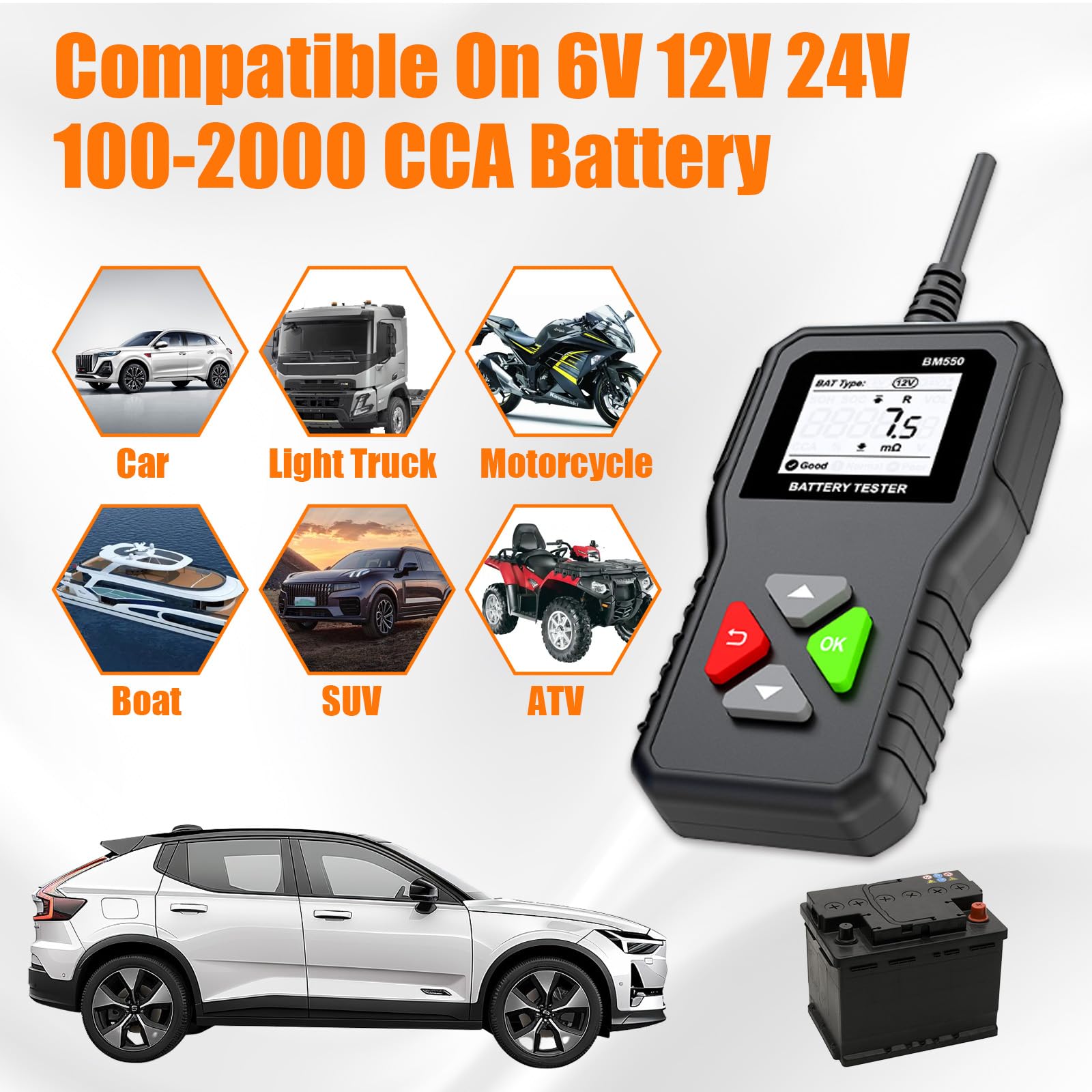BM550 Testeur Batterie AUTO 6V 12V 24V, 100-2000 CCA 2-200Ah Testeur Alternateur Automobile, Système Détection Charge Voiture,Analyseur Batterie Numérique pour Voiture Camion Moto ATV SUV Bateau Yacht