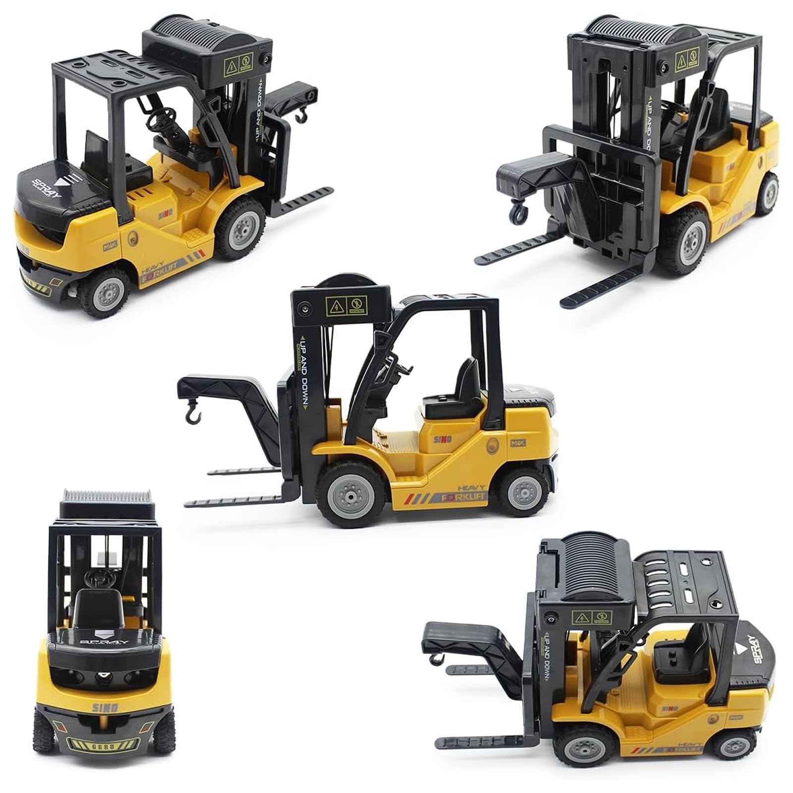 Scale 1:24 RC Giocattolo Carrelli Elevatori, Carrello elevatore telecomandato 2.4GHZ, con scatole/spray suono e luce, telecomandata carrello elevatore giocattolo per bambini, Regalo di complea