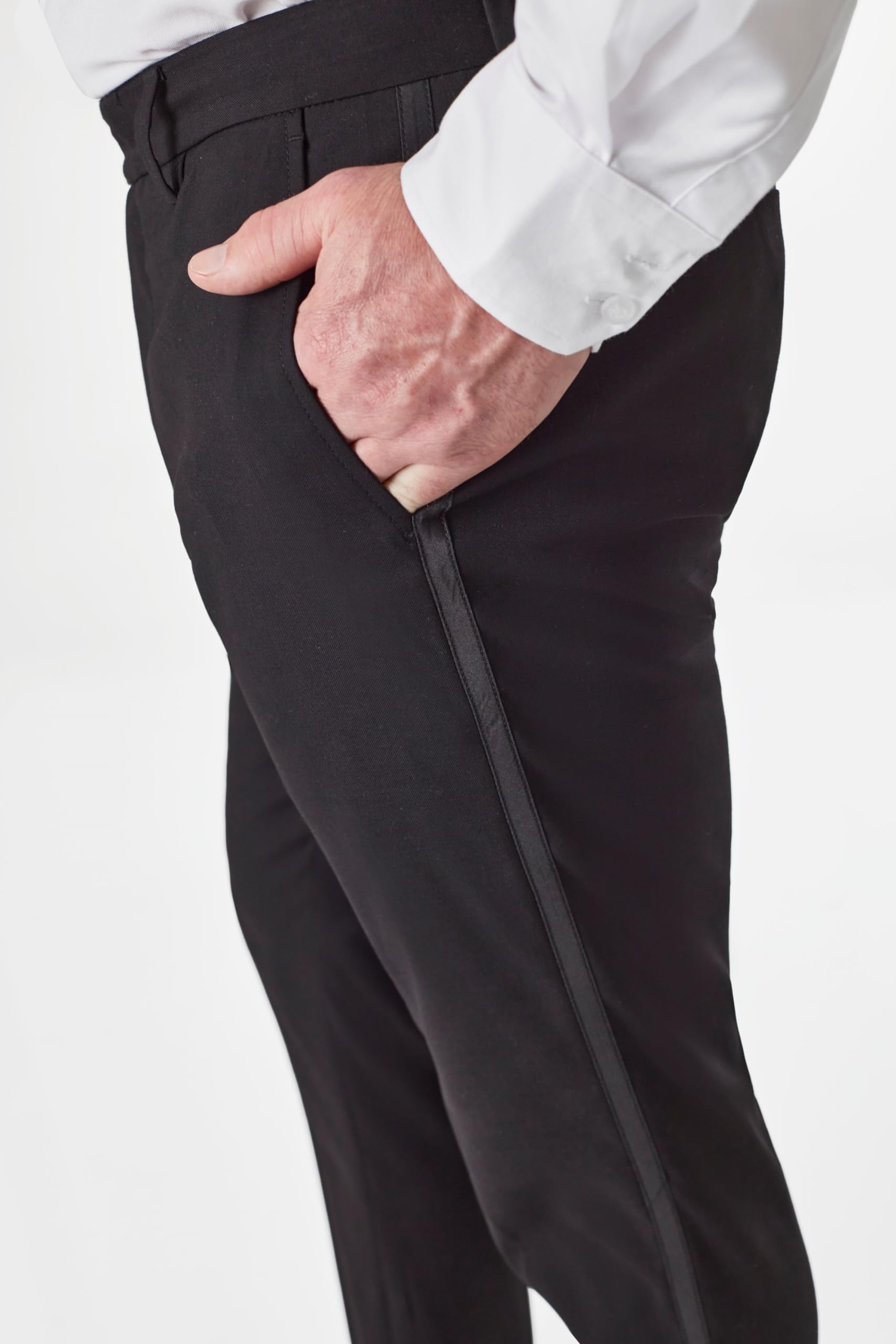 Xposed Pantalones de Esmoquin Negros para Hombre con Cinta de Raso Pantalones de Vestir de Frente Plano entallados