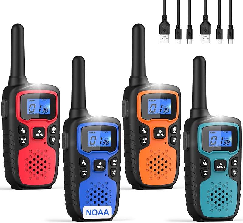 Walkie Talkies para adultos, paquete de 4 radios de 2 vías recargables de largo alcance, accesorios de senderismo, equipo de camping, regalo de cumpleaños de Navidad para niños, familia con lámpara, sirena SOS, alerta meteorológica NOAA, fácil de usar