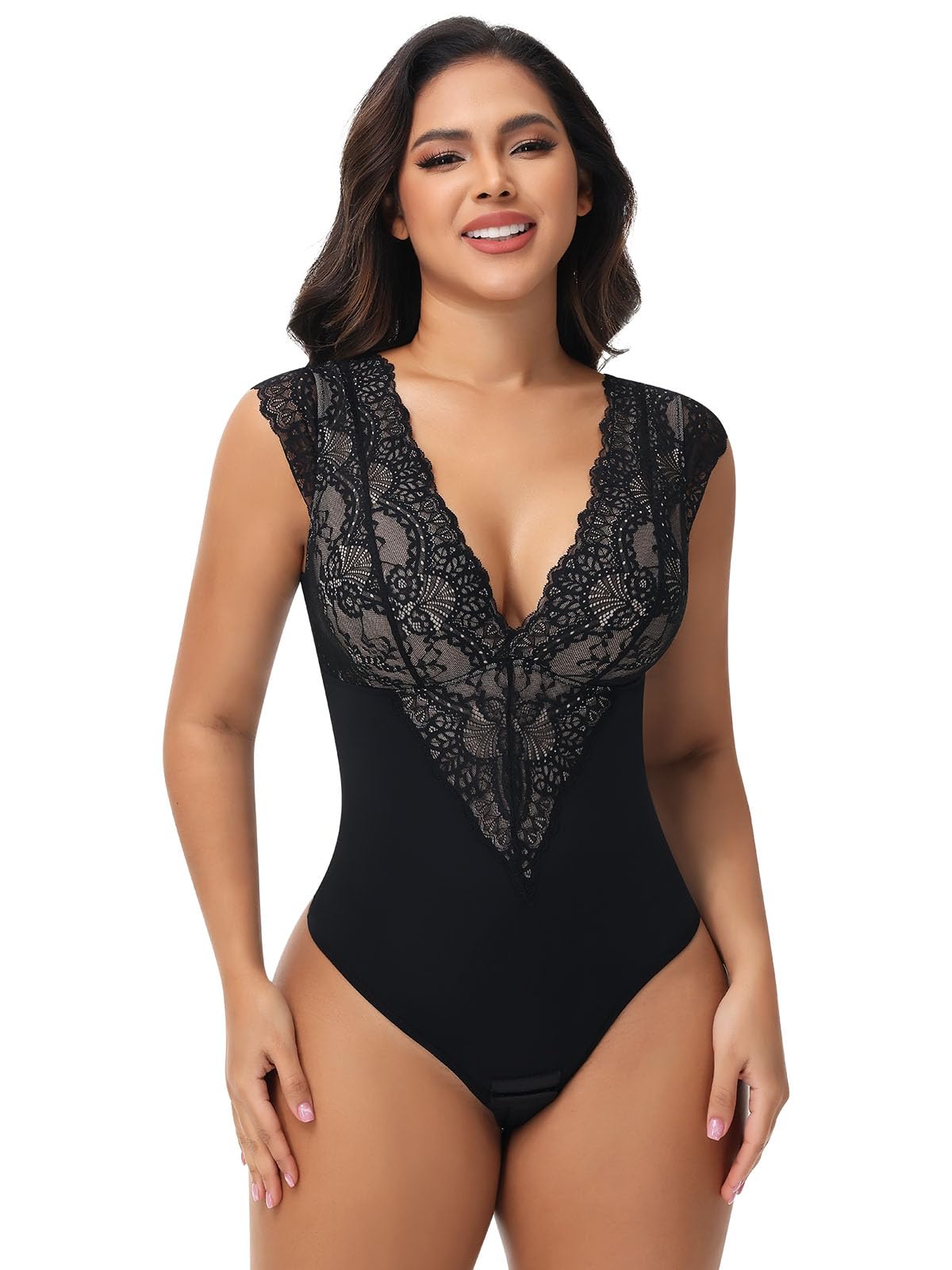 SHAPERIN Sexy Lace Bodysuit for Women Tummy Control Thong Shapewear Deep V Neck Body Suits Corset Tops Going