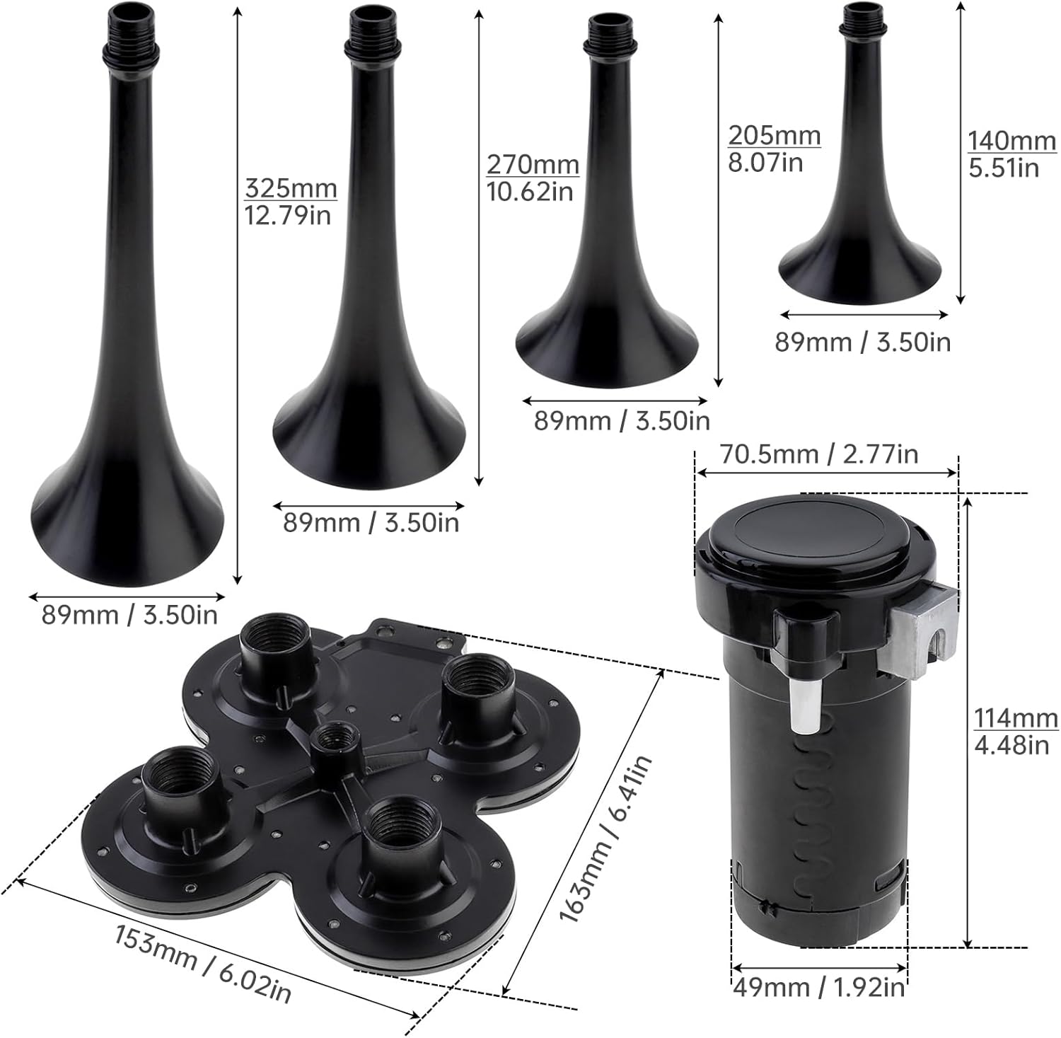 Train Horns for Pickup Trucks, 4 Trumpet Air Horn Kit, 12V 185dB Super Loud Truck Air Horn Four Trumpet with Compressor for Cars Trucks Pickups Trains Lorrys Boats
