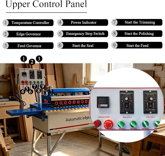 Woodworking Edge Bander Automatic Edge Banding Machine with Upper Control Panel Double-side Gluing Wood Edge Banding Trimming Machine Automatic Tape Breaking 110V