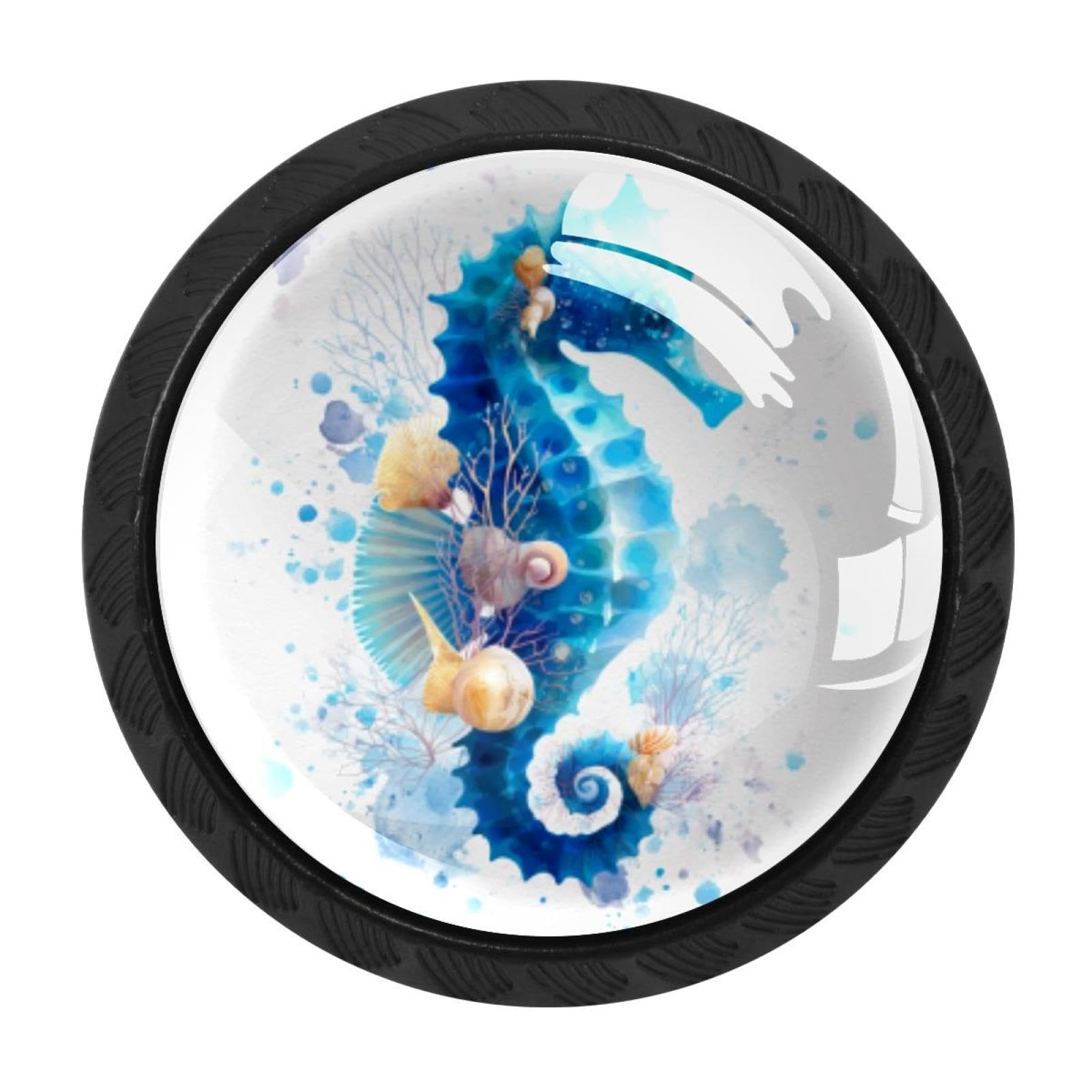 CHENZZZZ Splash Cute Seahorse Sea Shells (3) Colorful Drawer Pulls 4 Pcs Handle Glass Door Cabinet Knobs Home Office Kitchen Wardrobe Cupboard Hardware for Dresser Drawers