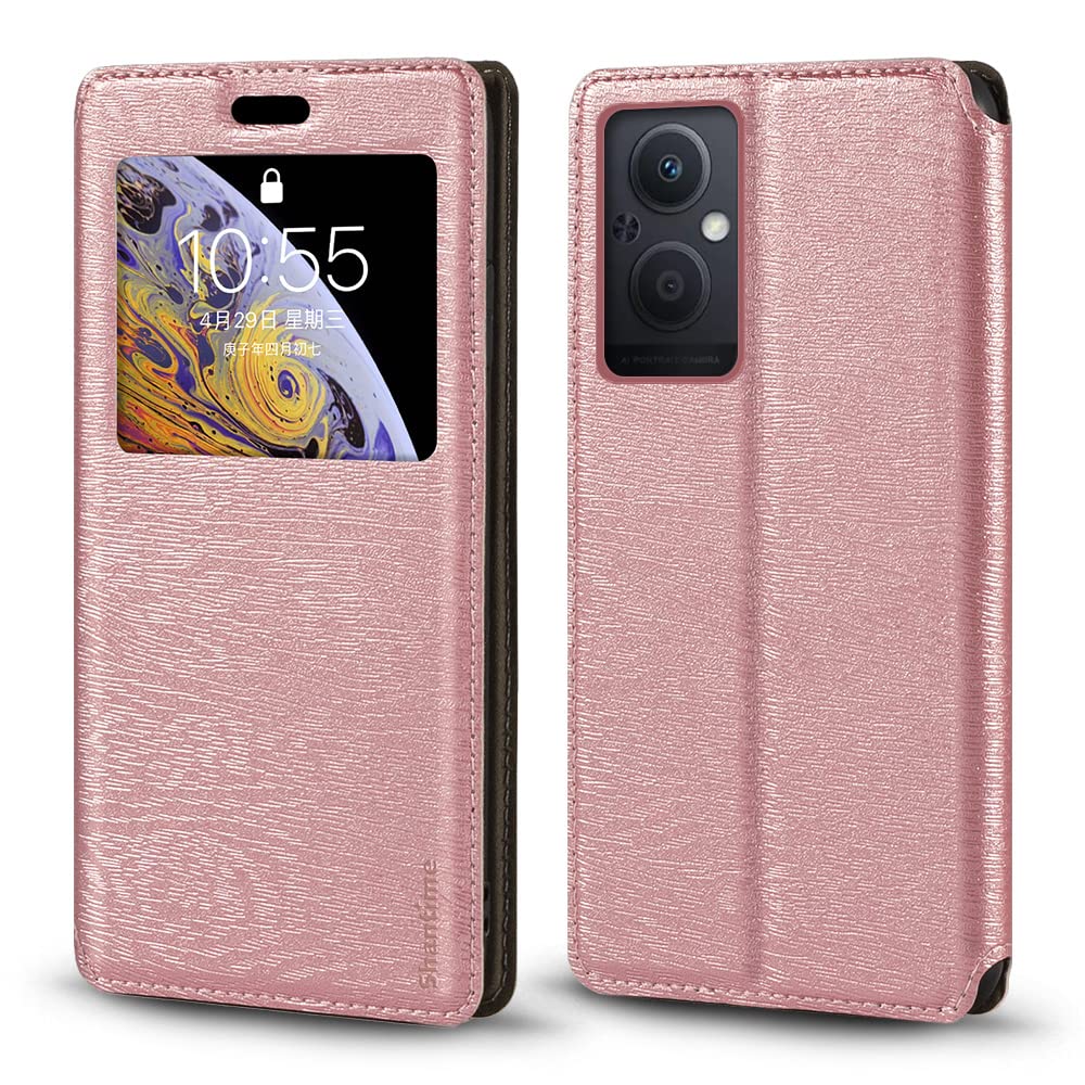 Viewable Window Leather Flip Case Compatible with OPPO Reno 7 Lite 5G, Elegant Design Clear Display Invisible Magnetic Cover and Card Slot(Rose Gold)