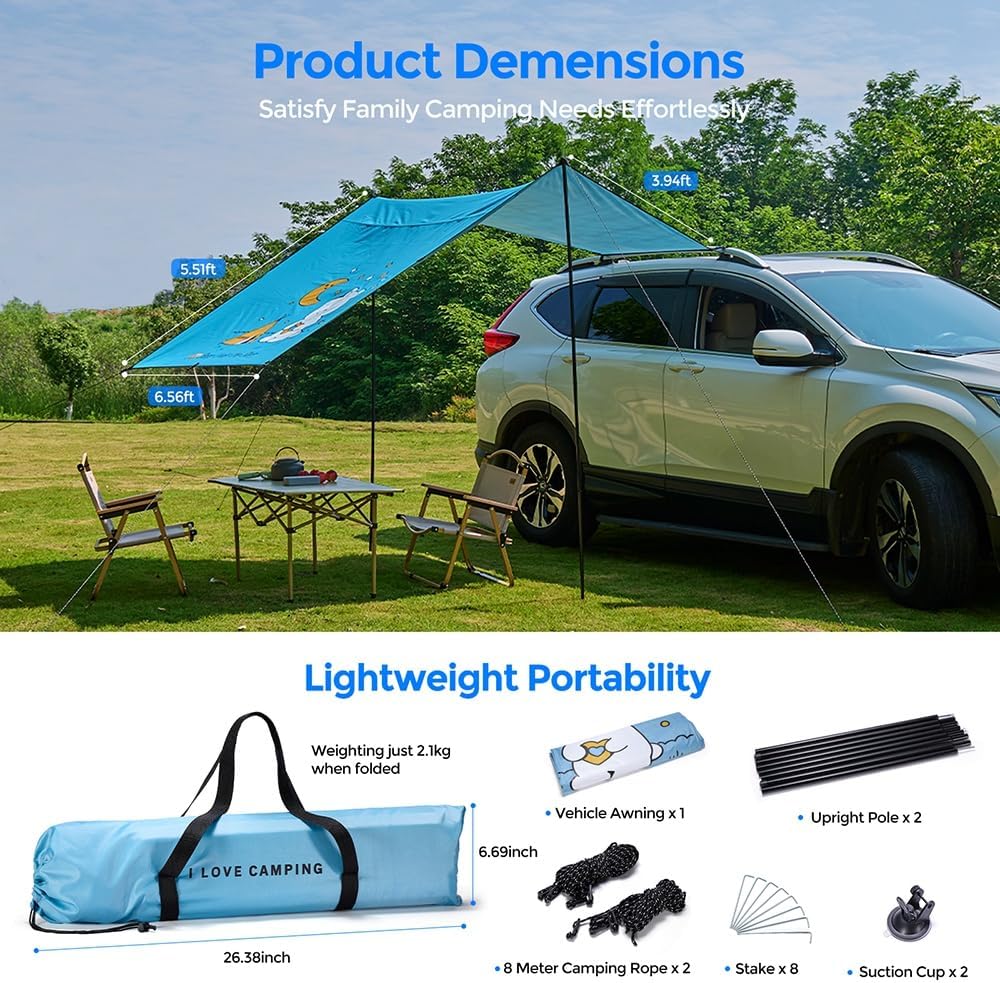 Portable Car Awning for SUV Universal Vehicle Awning for Camping, Truck & RV Side Tailgate Tent, UV50+ Waterproof Sun Shade with Accessories for Tailgating & Outdoor Camping, 9.84ft x 6.56ft