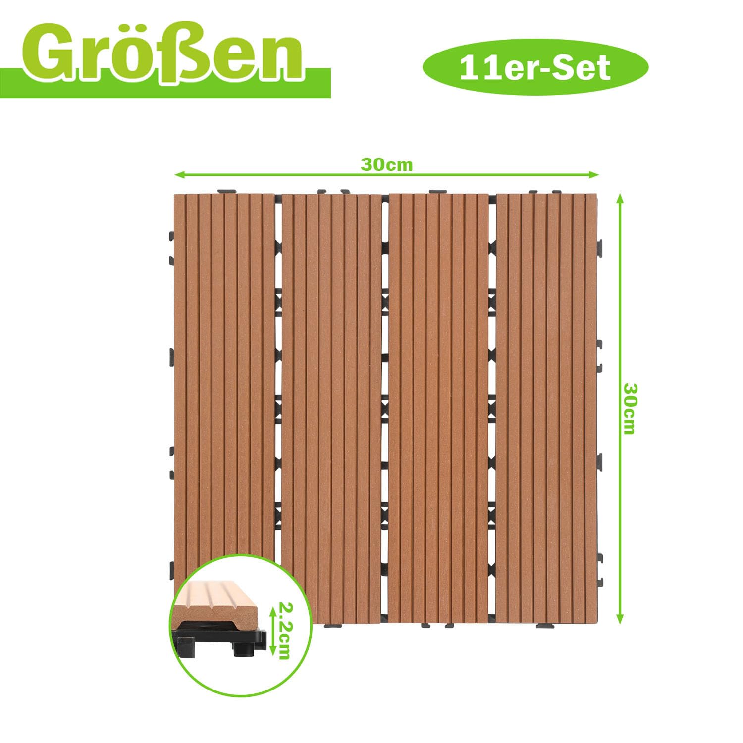 WPC Lot de 110 dalles de terrasse à clipser - 30 x 30 cm - Aspect bois - Avec drainage - Revêtement de sol résistant aux intempéries - Pour balcon, terrasse et jardin - Marron