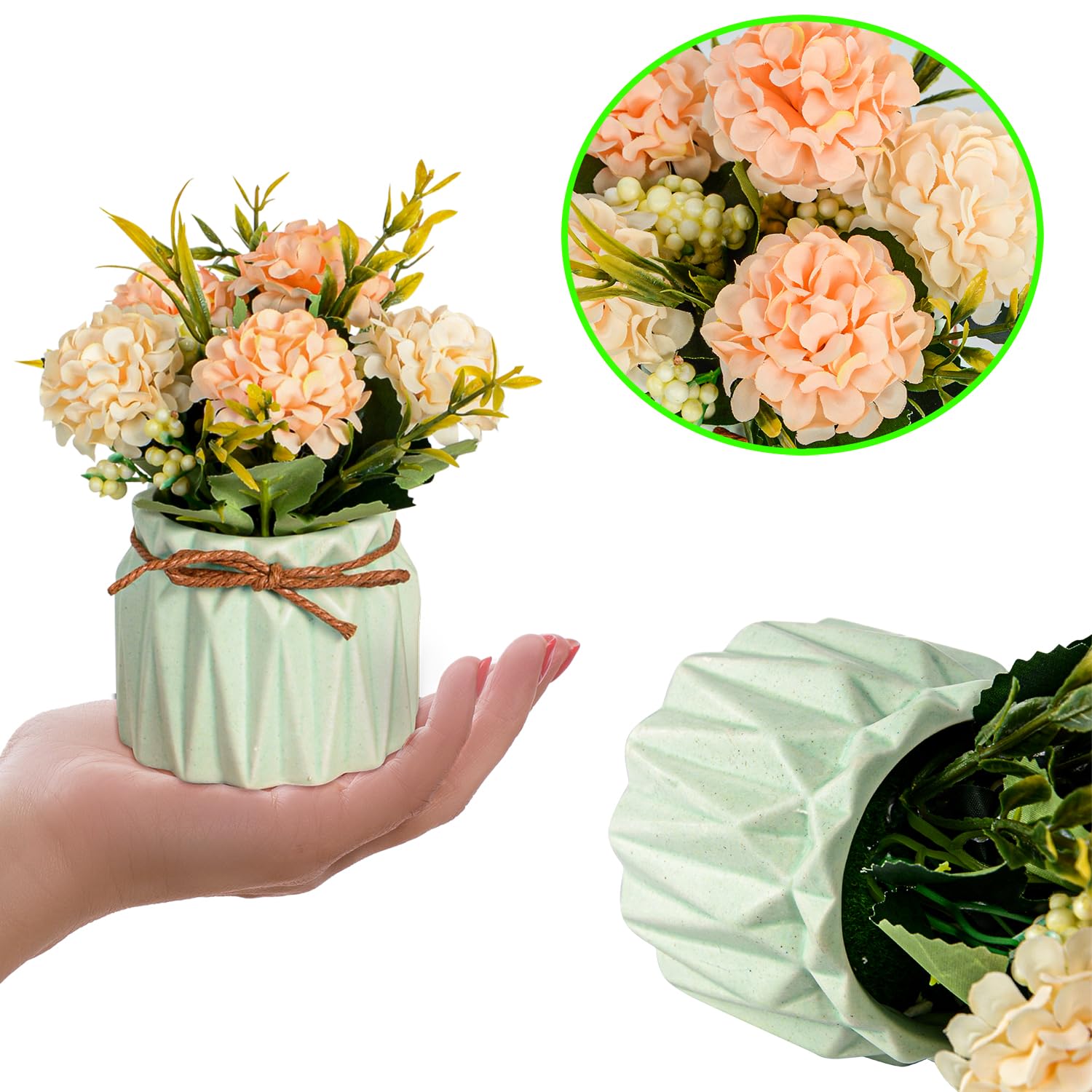 Künstliche Blumenpflanzen, Mini-Hortensien im Topf für Heimdekoration, Party, Hochzeit, Büro, Terrasse, Tisch, Schreibtisch, Dekoration, 4 Stück, Größe: 8,4 cm (Durchmesser) x 14 cm (Höhe)