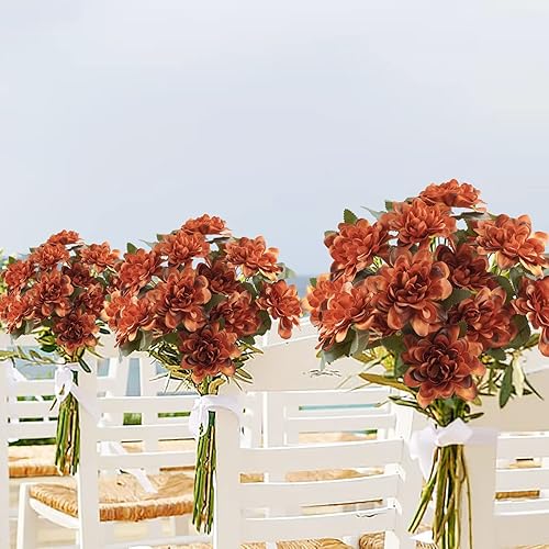 Miniatura 7 de Uieke 6 piezas de margaritas artificiales con tallo, arreglo de flores de seda de color naranja quemado para el hogar, fiesta, otoño, boda,