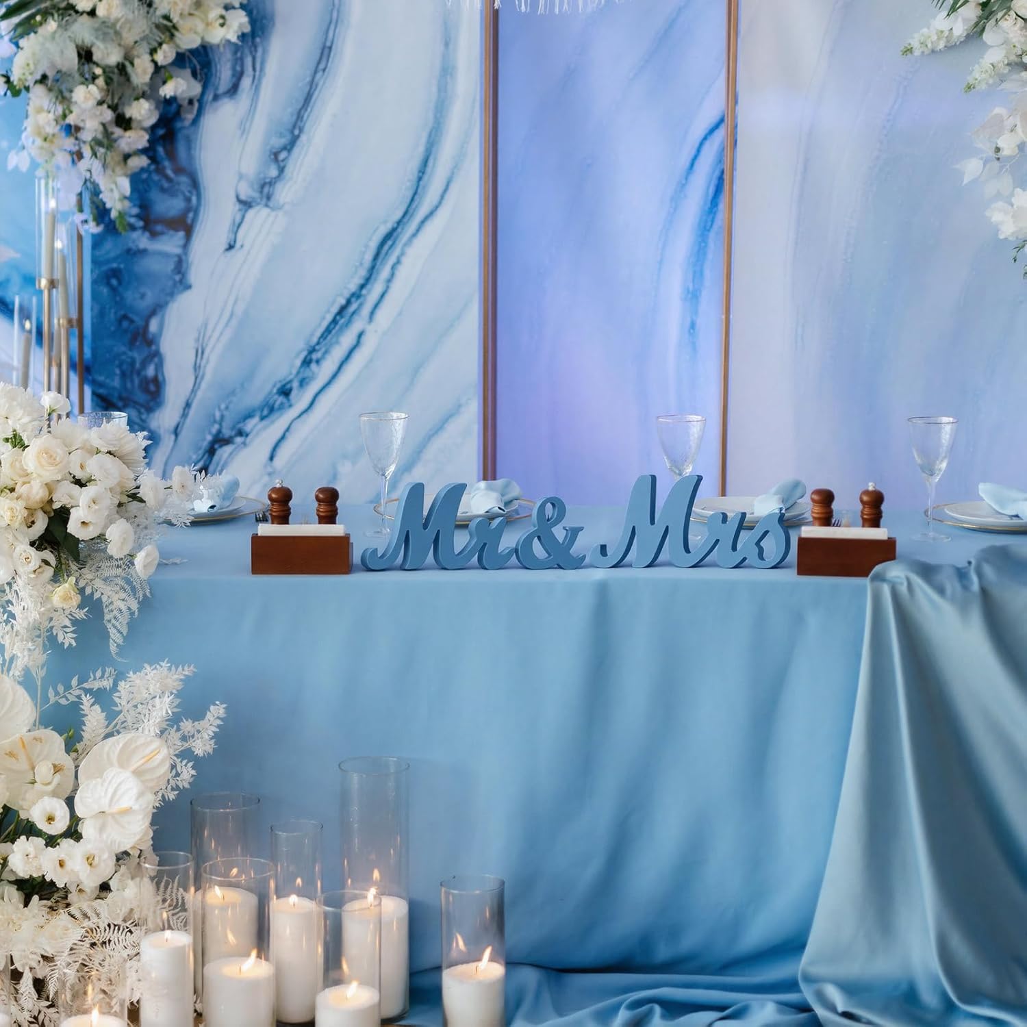 AceOrbit Blue 3 Pcs Mr & Mrs Sign Table Decor Sweetheart Mr and Miss Wooden Letters Freestanding Wedding Sign Rustic Table Centerpieces for Wedding Party Photo Booth Props Decorations Supplies