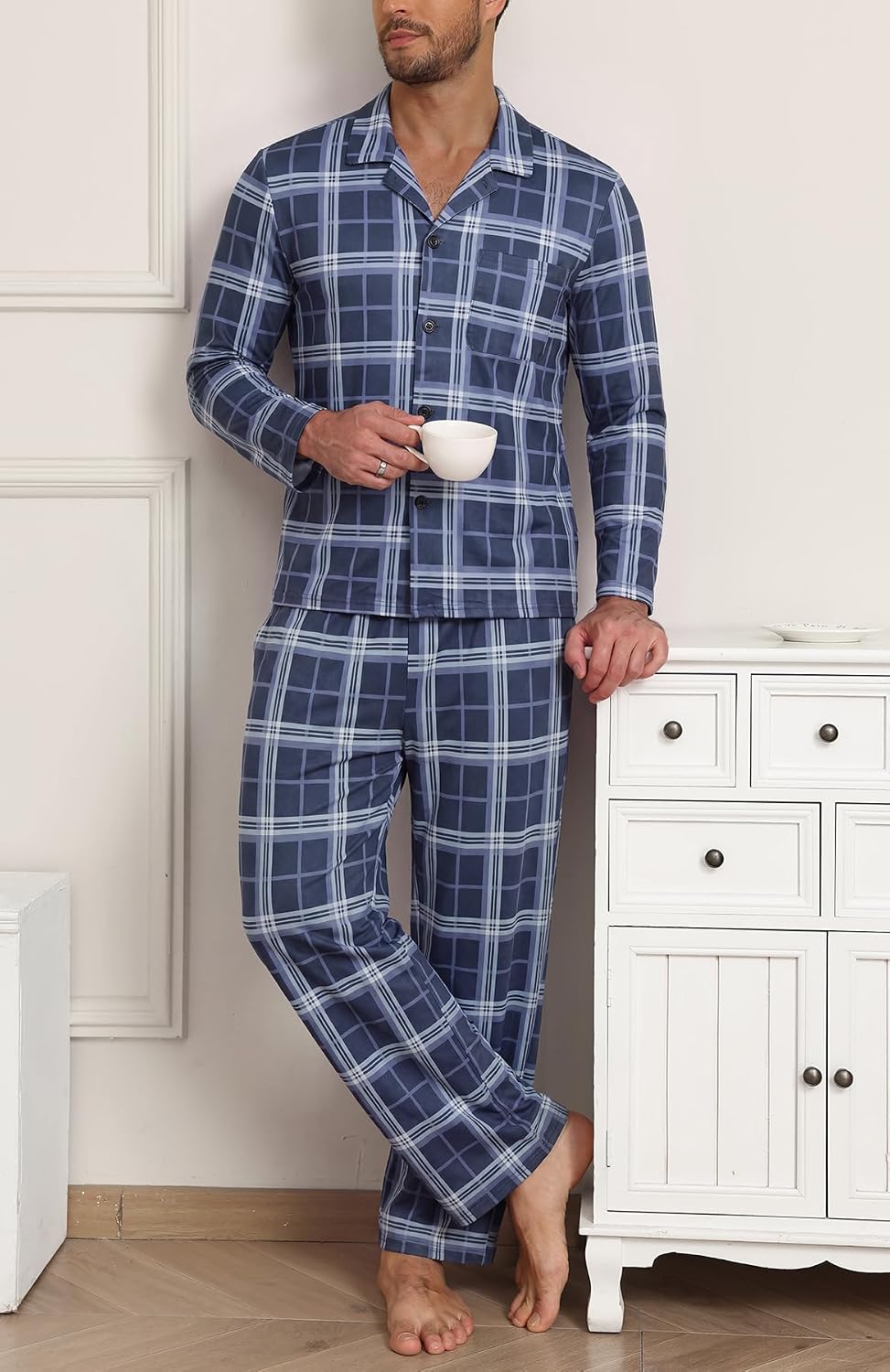 NITAGUT Mens Plaid Pajama Set Long Sleeve Button Down Casual Sleepwear