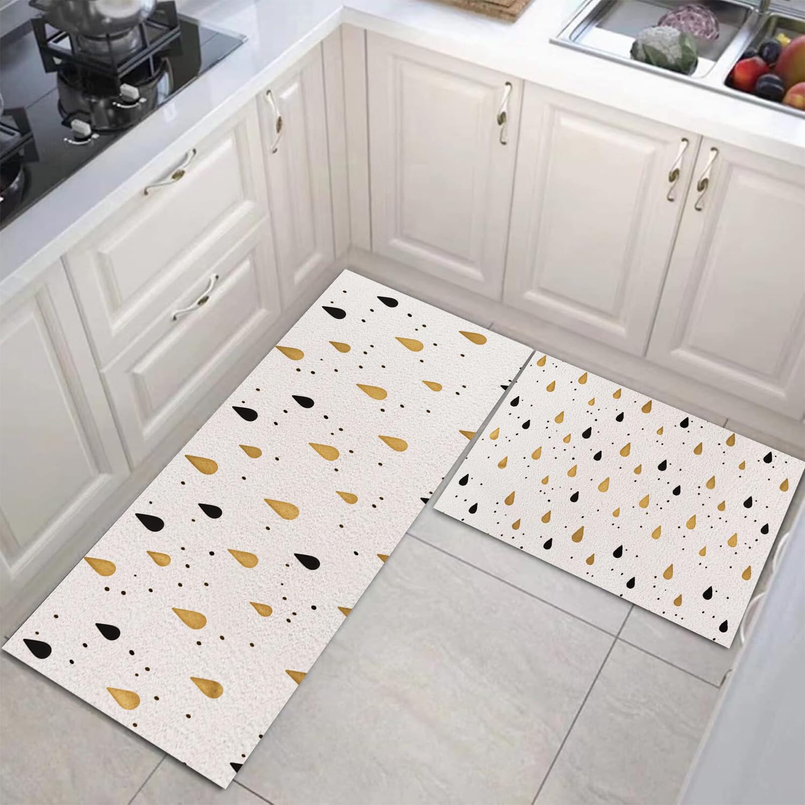 Alfombras de cocina modernas lavables con estampado de gotas doradas