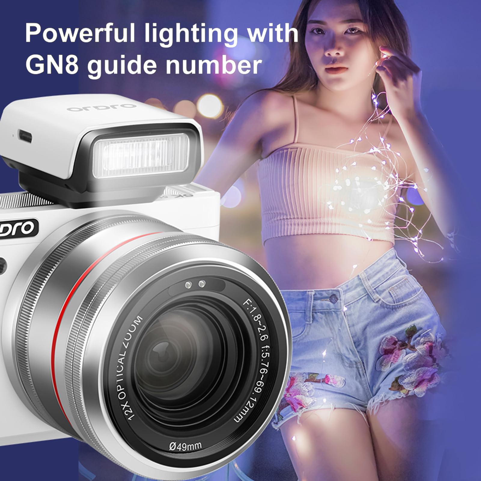 Mini flash de cámara, flash GN8 6500K, brillo de 3 velocidades, flash manual/automático, batería incorporada para Canon, Nikon, Sony, Fujifilm, Olympus, cámaras Panasonic (blanco)