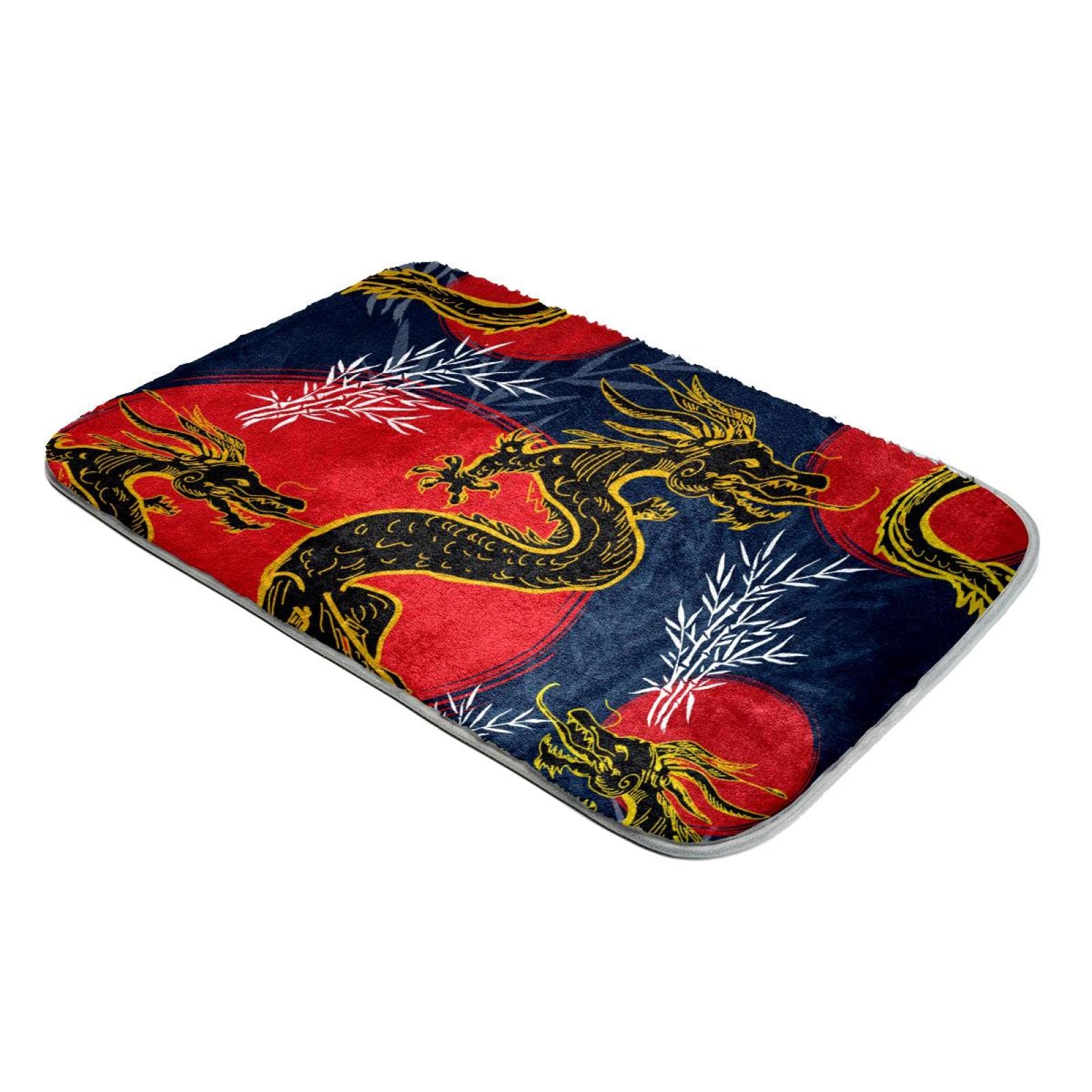 Tapis poils longs dragon chinois noir rouge or fausse fourrure