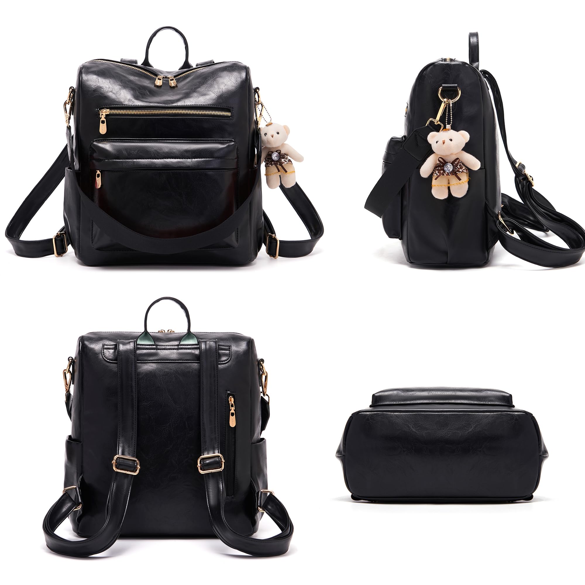 Mochila de moda para mujer, bolsos de diseño multiusos, bolso de hombro de cuero de la PU de viaje, cartera de 2 piezas, Negro, Mochilas Tote