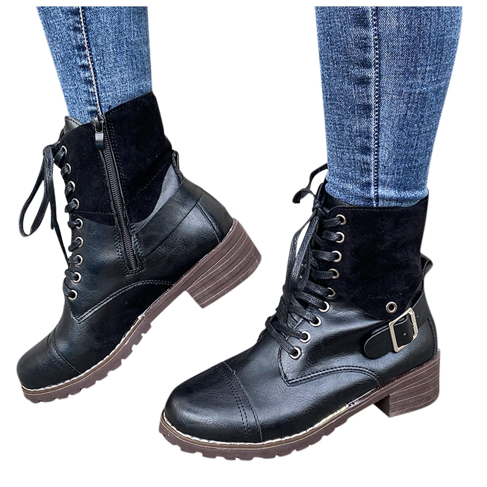 HINDOLA Women’s Chelsea Combat Booties Fashion Side Zipper Buckle Knight Boots Casual Platform Block Heel Ankle Boots