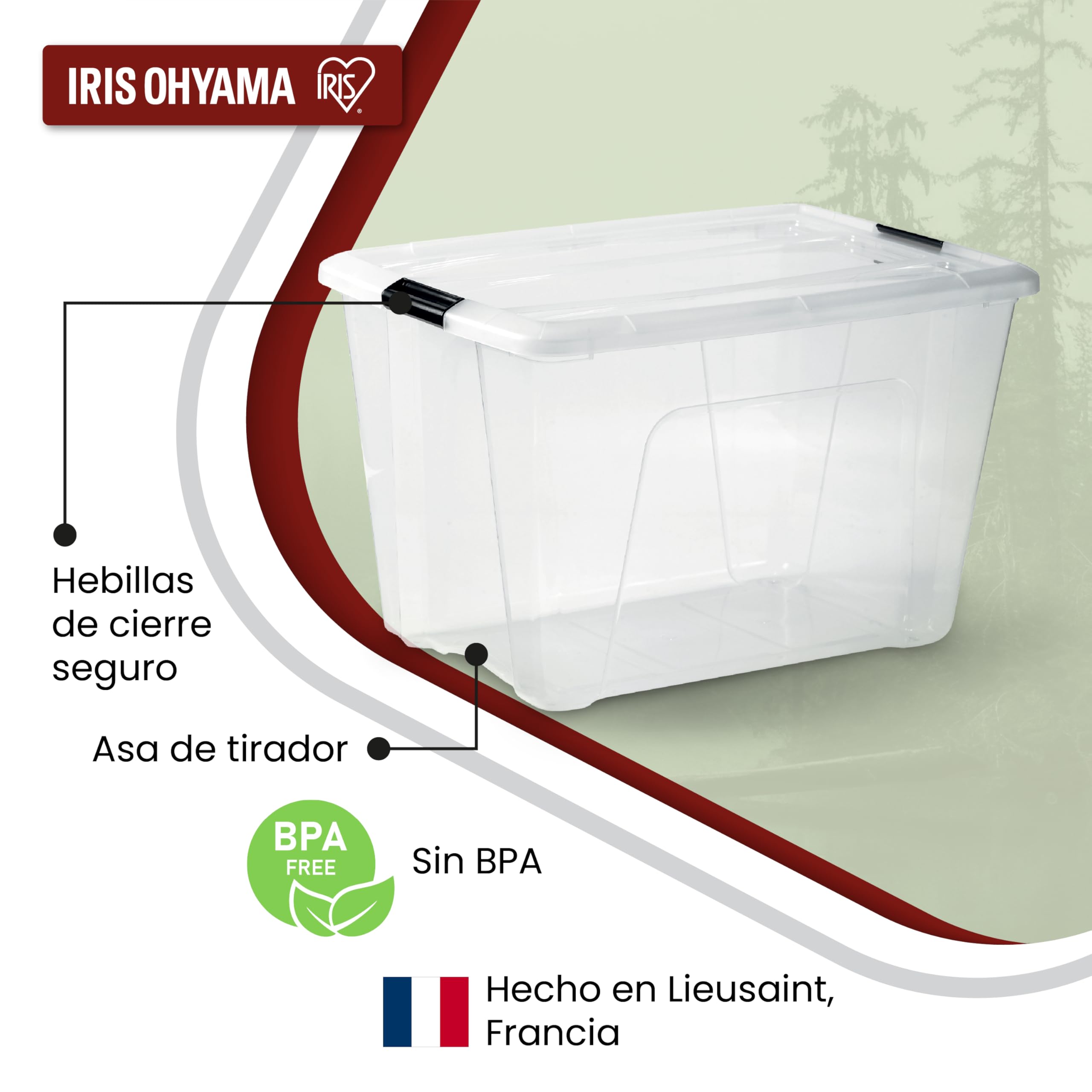 Iris Ohyama 4 Cajas de Almacenaje Plastico con Tapa, 60L, Transparente, Clips de Cierre, Duradero, Apilable, para Dormitorio, Armario, Oficina, Organizadora, Ropa, Libre de BPA, NTB-60