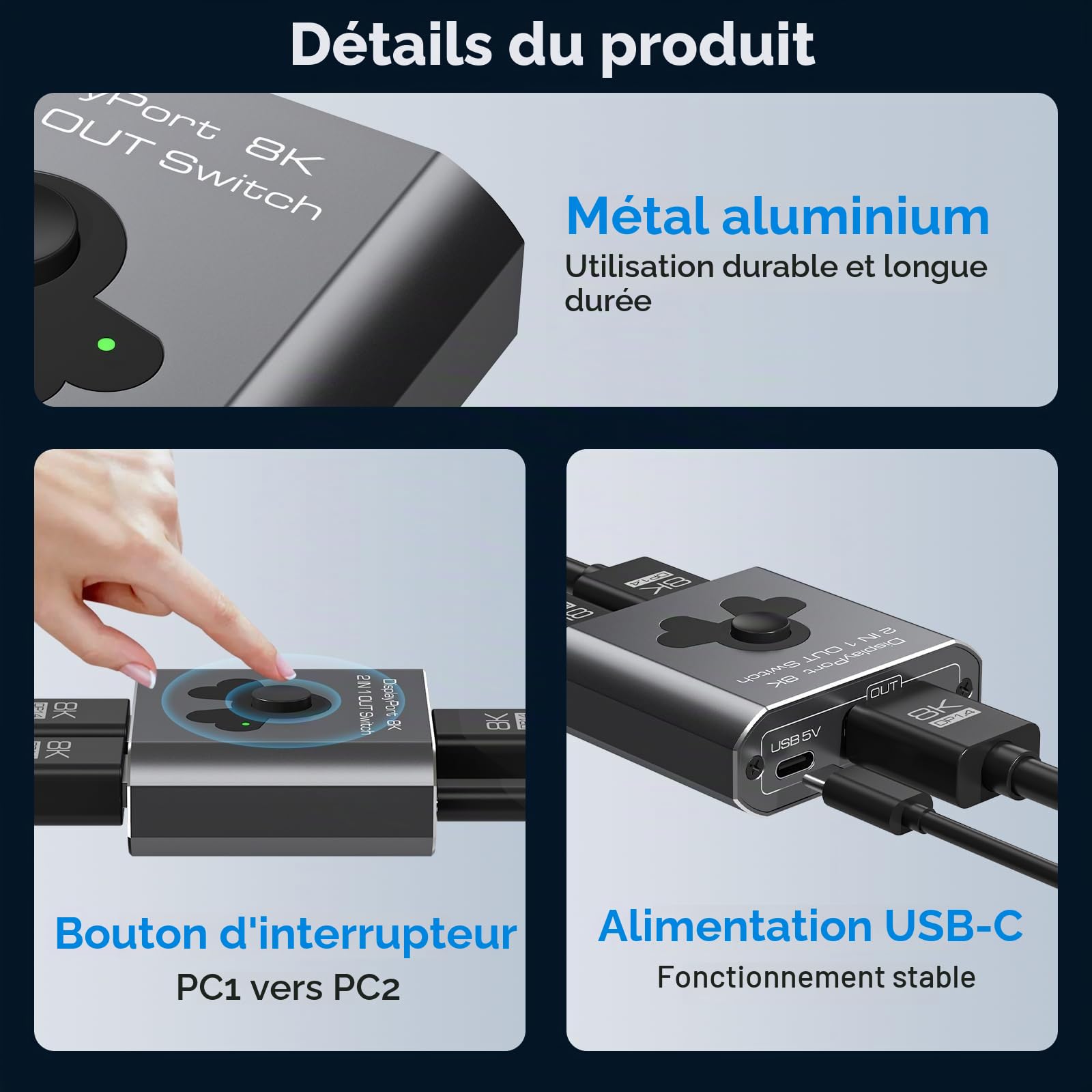 Switch Displayport 2 Entrées 1 Sortie 4K144Hz 8K60Hz Commutateur DP 2 In 1 Out Switch DP 1.4 Compatible TV, Moniteurs, Ordinateurs Portables, Projecteurs, Etc
