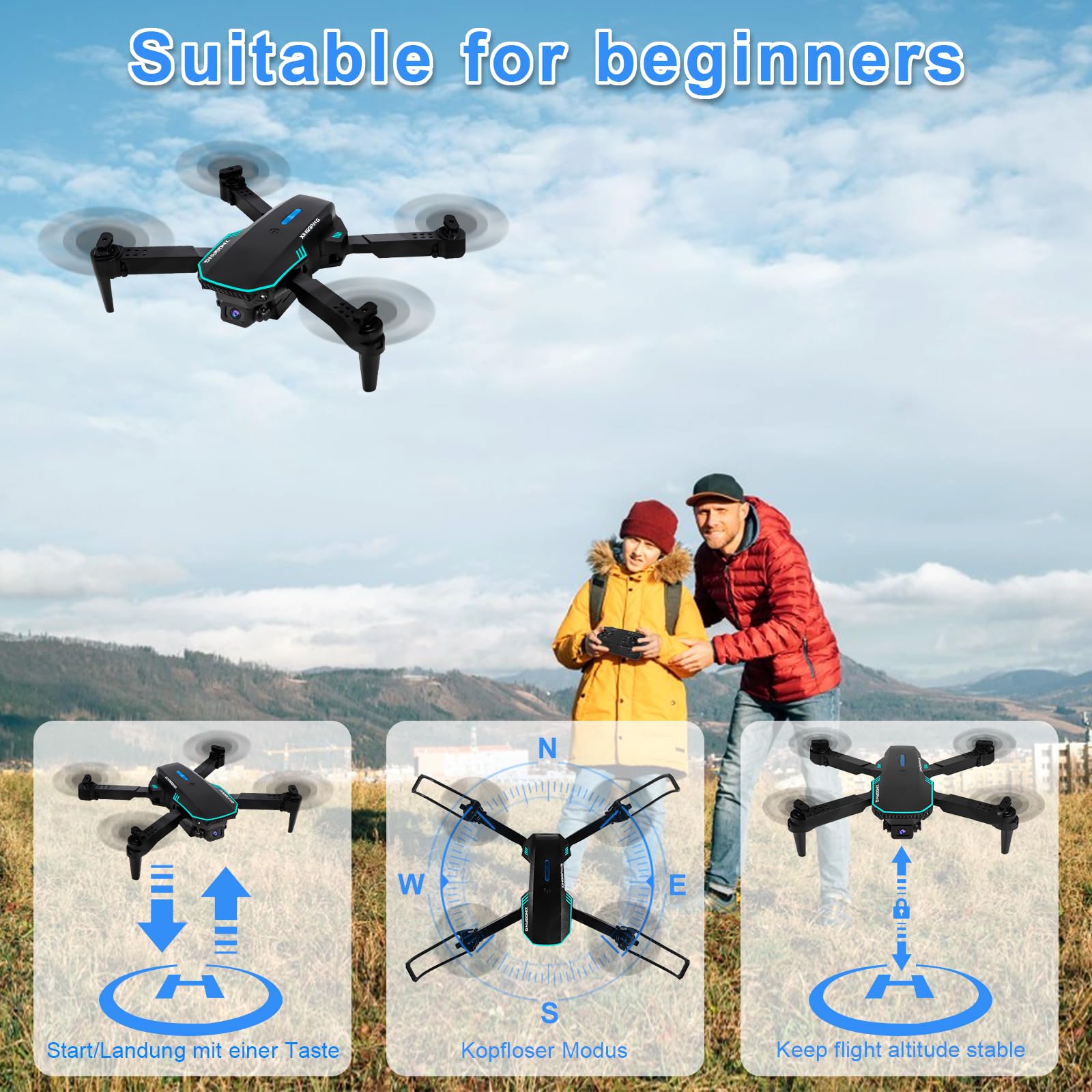 Drone z kamerą 4K EIS, 62 minuty lotu, poniżej 249 g, transmisja FPV 4KM, maks. 16 m/s, Follow-Me/Return, Quadrocopter RC dla początkujących i dorosłych