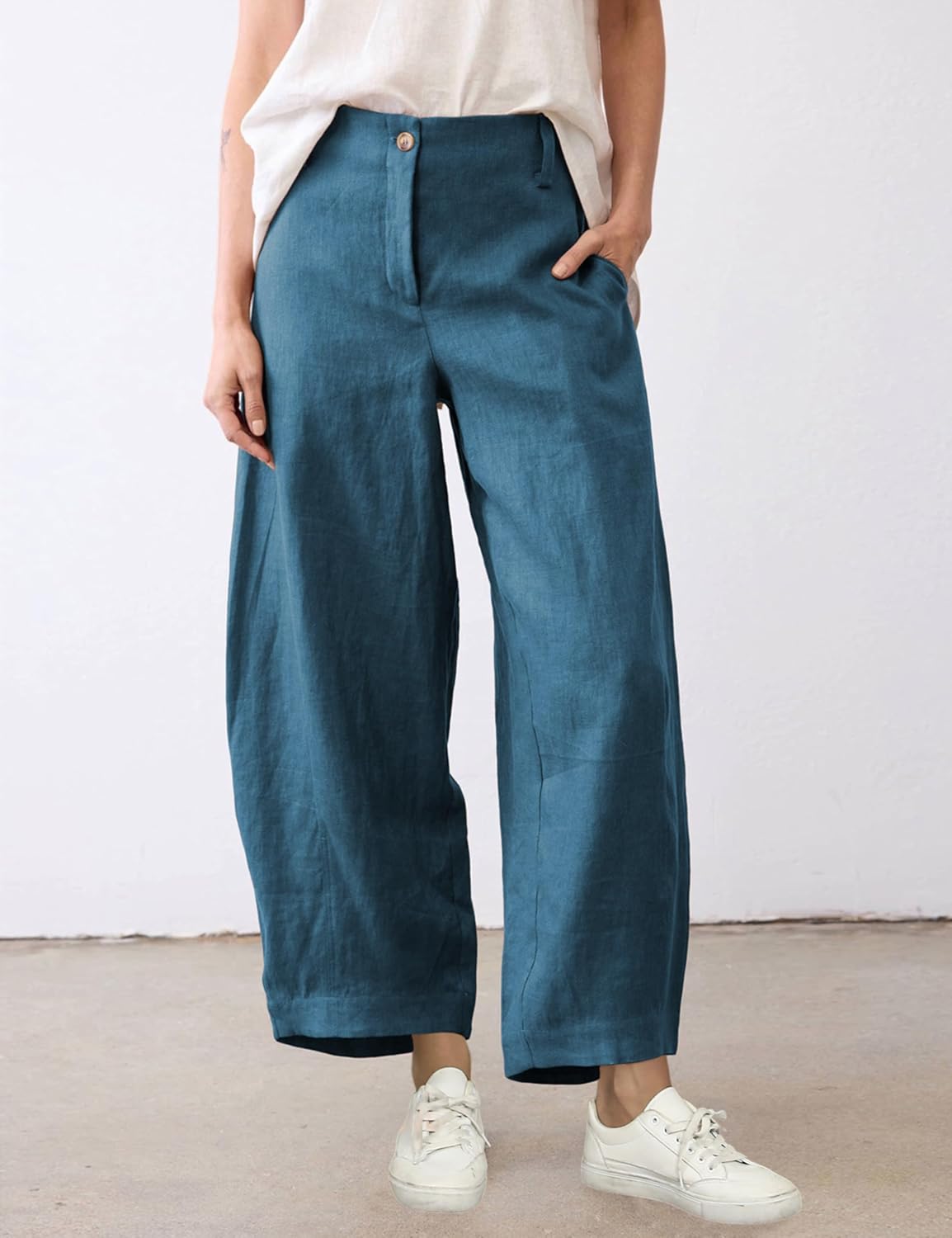 Athlisan Womens Linen Barrel Pants Casual Baggy Wide Leg Palazzo Trousers Summer Beach Capri Pants - Image 3