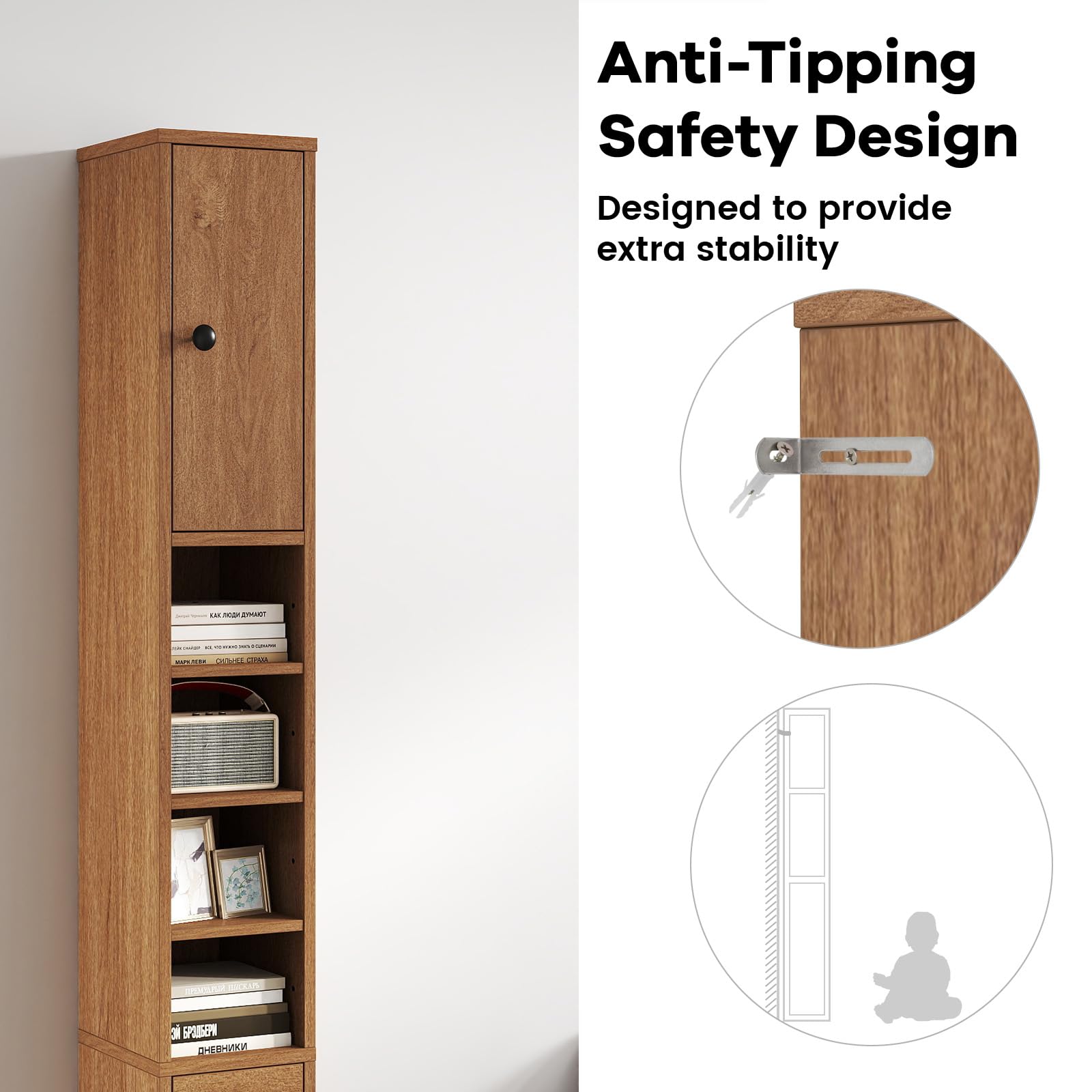 LIFEZEAL Colonna Bagno Salvaspazio in Legno, Mobiletto Multiuso con 2 Ante e 1 Cassetto e 5 ripiani Regolabili, 20x20x180cm, Armadio Angolare da Terra con Dispositivo Anti-Ribaltamento (naturale)