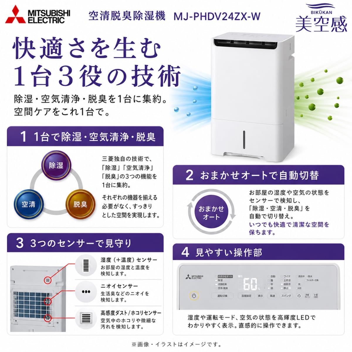 Amazon | 三菱電機 空清脱臭除湿機 美空感 24L/日 MJ-PHDV24ZX-W