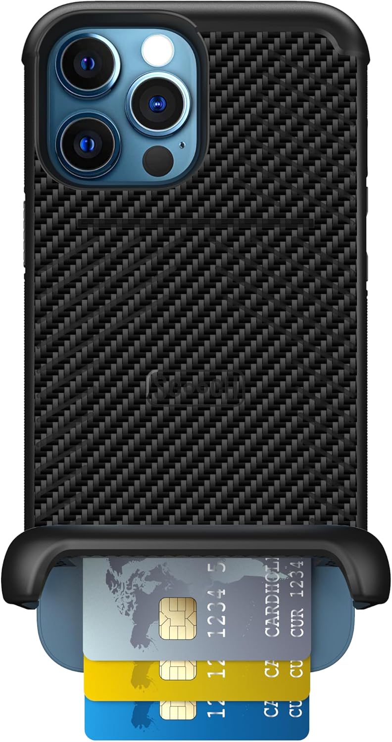 Scooch for iPhone 12 Pro Max Case with Card Holder, Wingmate Wallet Case with Hidden Card Slot and RFID Protection for 3 Cards, 10-Foot Drop Protection, Carbon Fiber