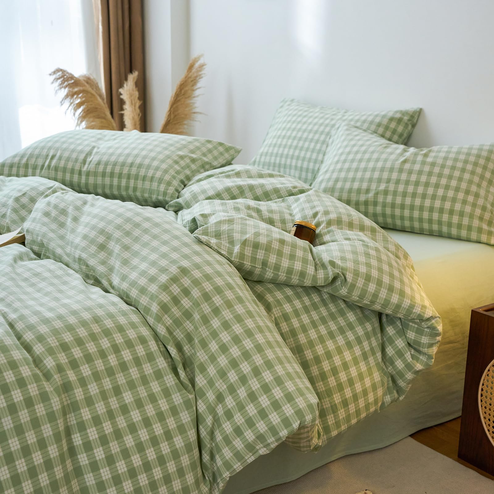 EAVD Vintage Style Green&amp;White Plaid Gingham Duvet Cover King Soft 100% Washed Cotton Fresh Grid Checkered Gingham Bedding Set with 2 Pillowcases Farmhouse Green Plaid Duvet Cover with Zipper Closure