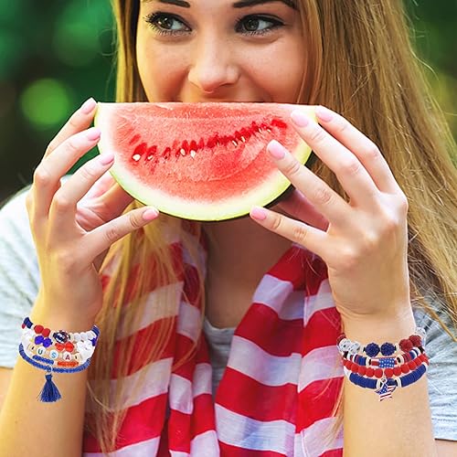 Miniatura 3 de Cooluckday Pulseras del 4 de julio, pulsera de bandera estadounidense, pulseras coloridas para surfistas para mujeres y niñas, pulsera de arcilla