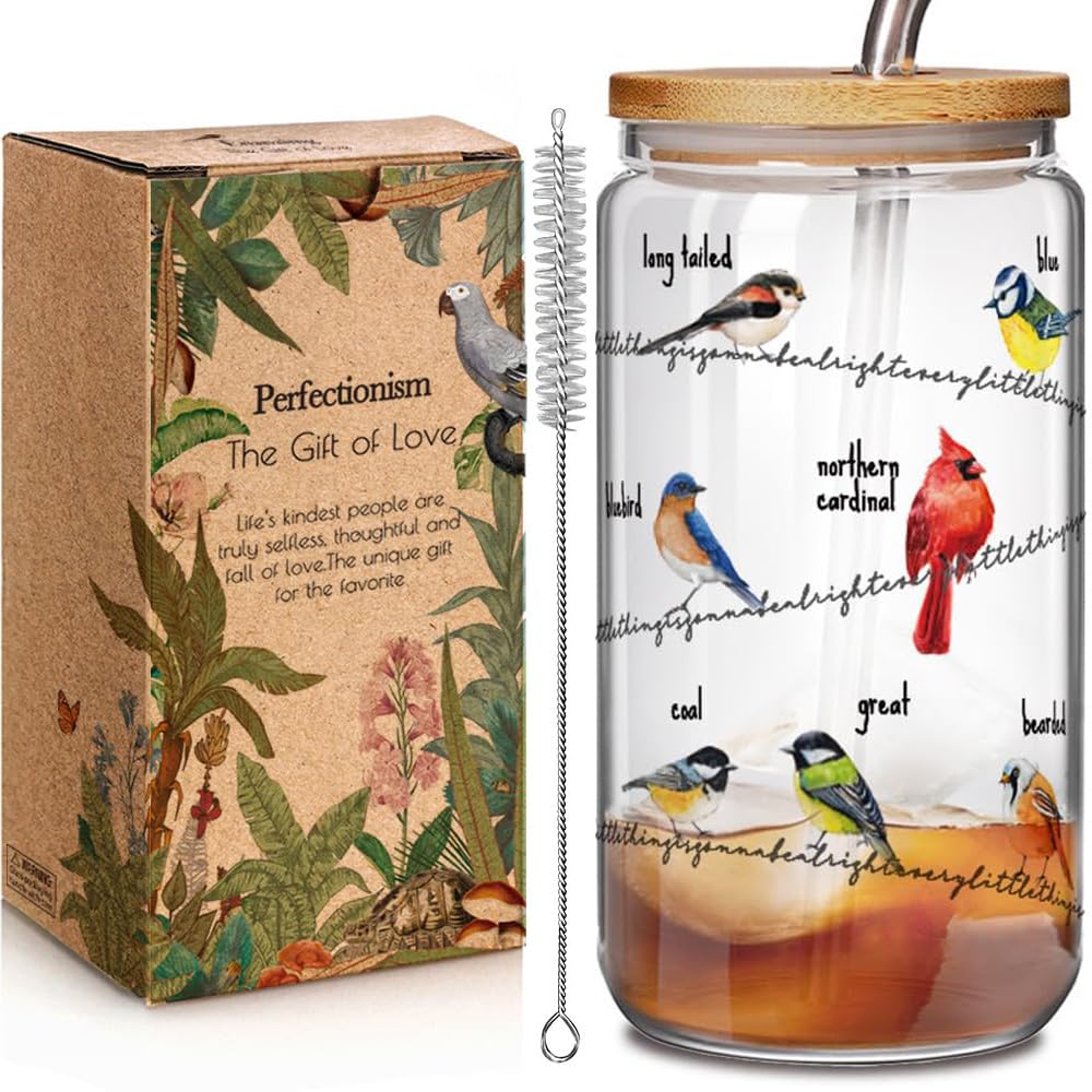 Enanaimg Birds Glass Cup Birds on Wrap Cups with Lids Straws Cardinal Hummingbird Bluejay Coffee Cup Gifts for Bird Lovers Women, Birthday Graduation