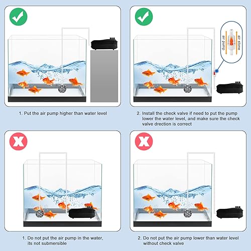 Miniatura 6 de Bomba de aire para acuario de 320 GPH de 8 W, bomba de oxígeno silenciosa ajustable con 4 salidas y accesorios de piedra de aire, válvula de