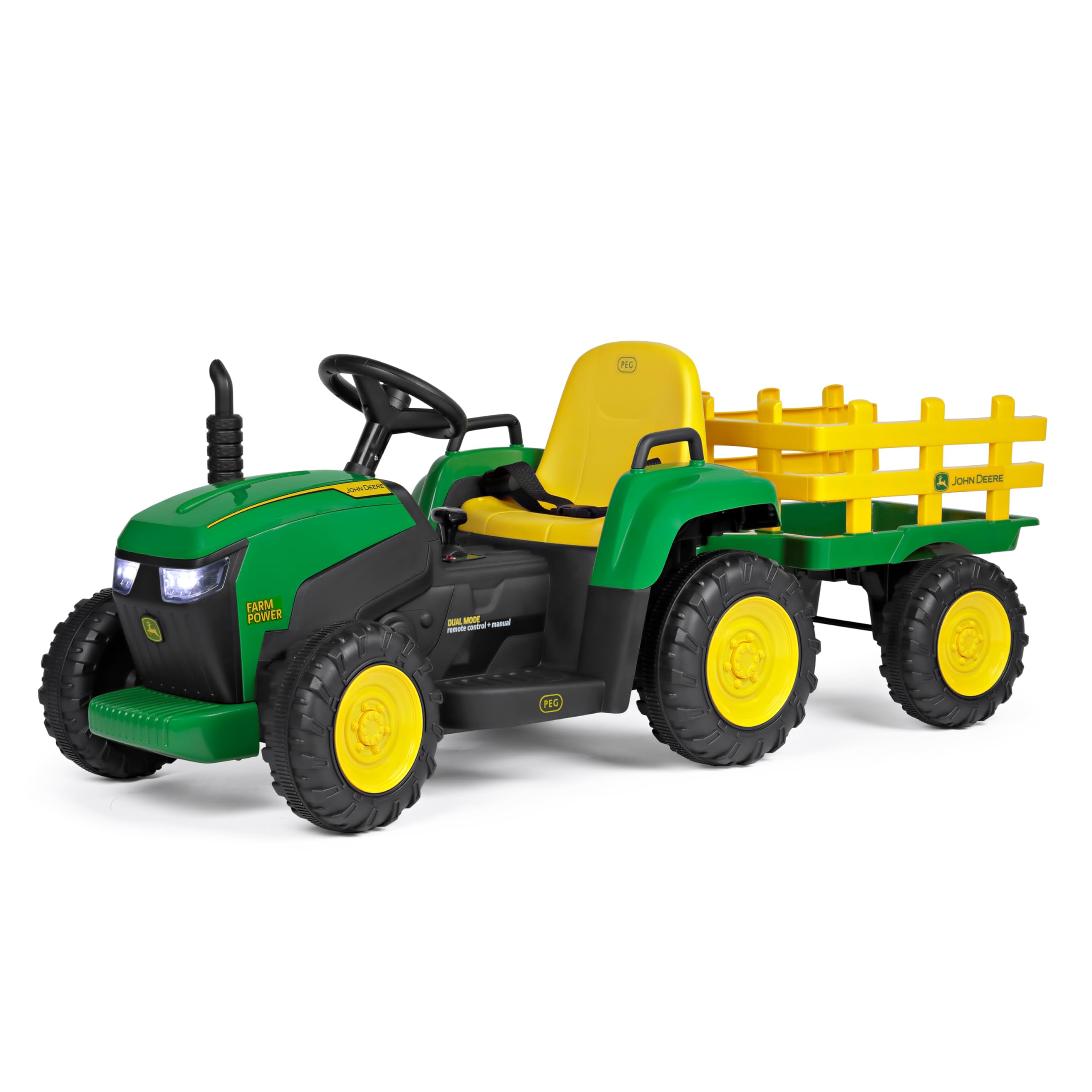 PEG John Deere Farm Power Trattore Elettrico Cavalcabile 12V per Bambini con Telecomando, Guida Manuale, Luci e Suoni, Età 18+ Mesi