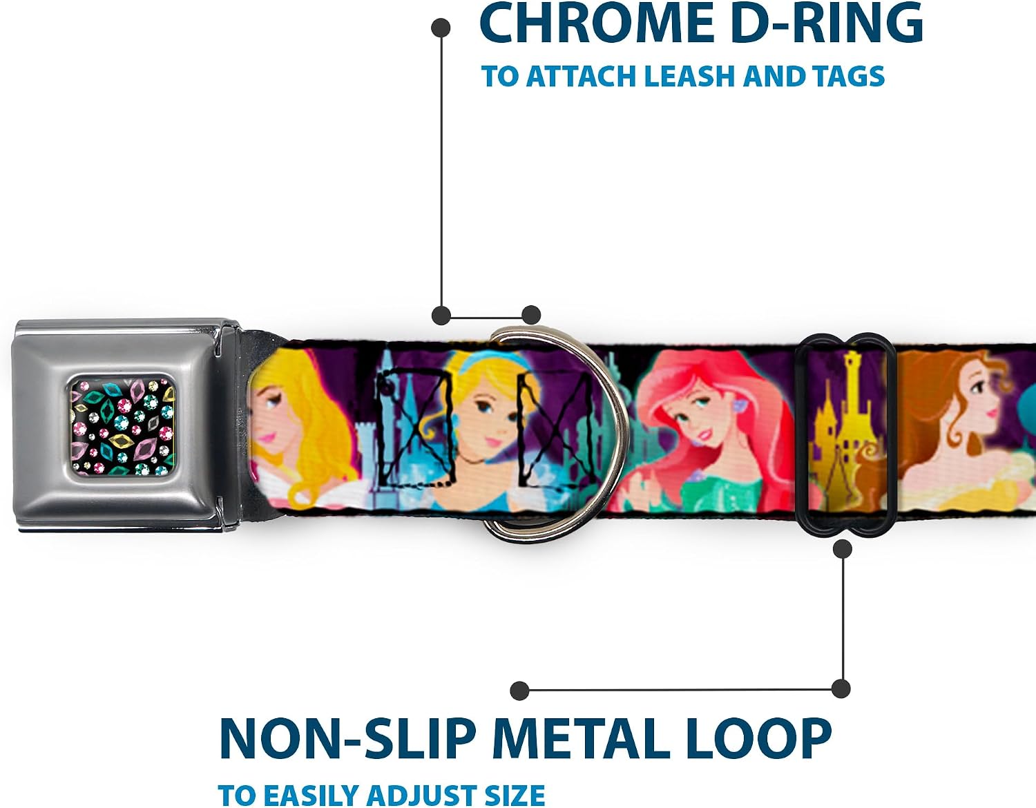 Dog Collar Seatbelt Buckle Disney Princess Poses Castle Silhouettes Purples Multi Color 18 to 32 Inches 1.5 Inch Wide