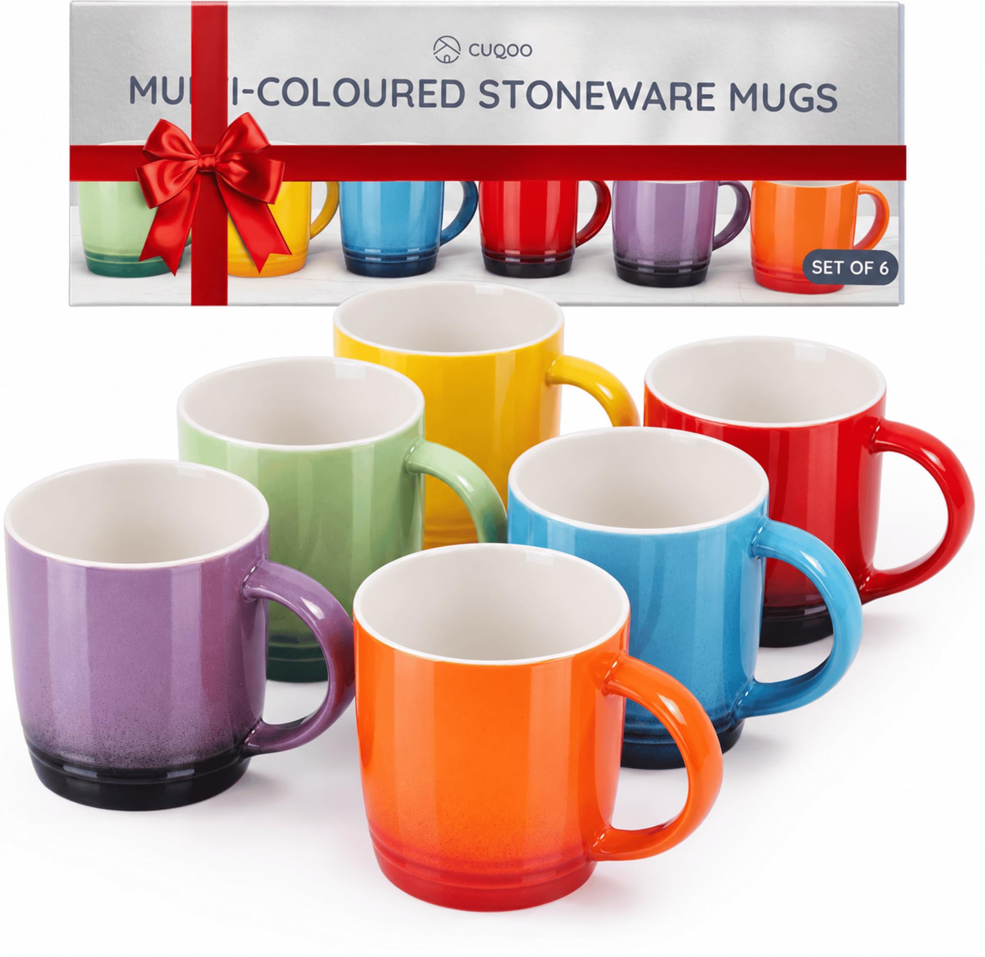 CUQOO Tassen-Set, 6 Stück, bunte Steingut-Kaffeetassen, mikrowellengeeignet