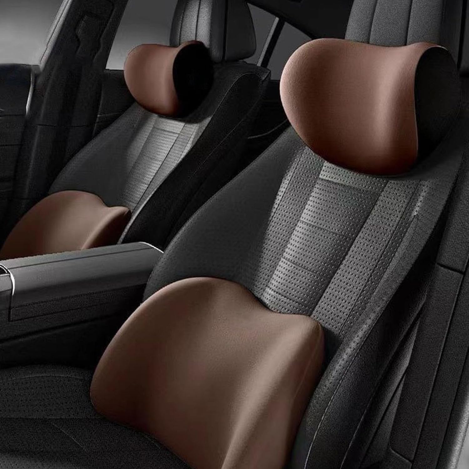 Appuie-tête Coussin de Voiture + Soutien Coussin Lombaire pour Ford Aerostar B-Max Bronco C-Max Contour, soulager Les douleurs au Cou, au Dos,Brown- Headrest and Lumbar Cushion